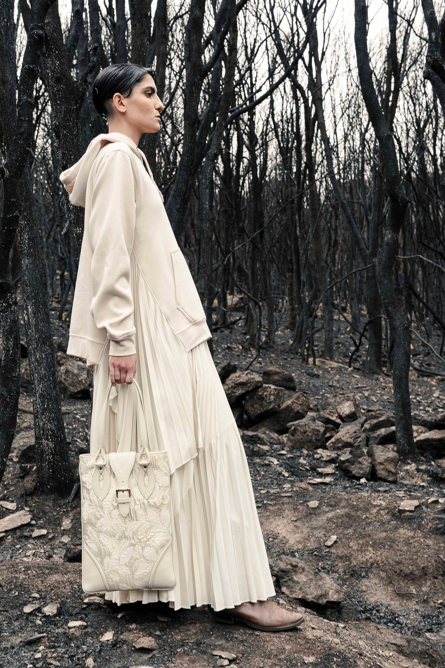 beige hoodie white pleated dress