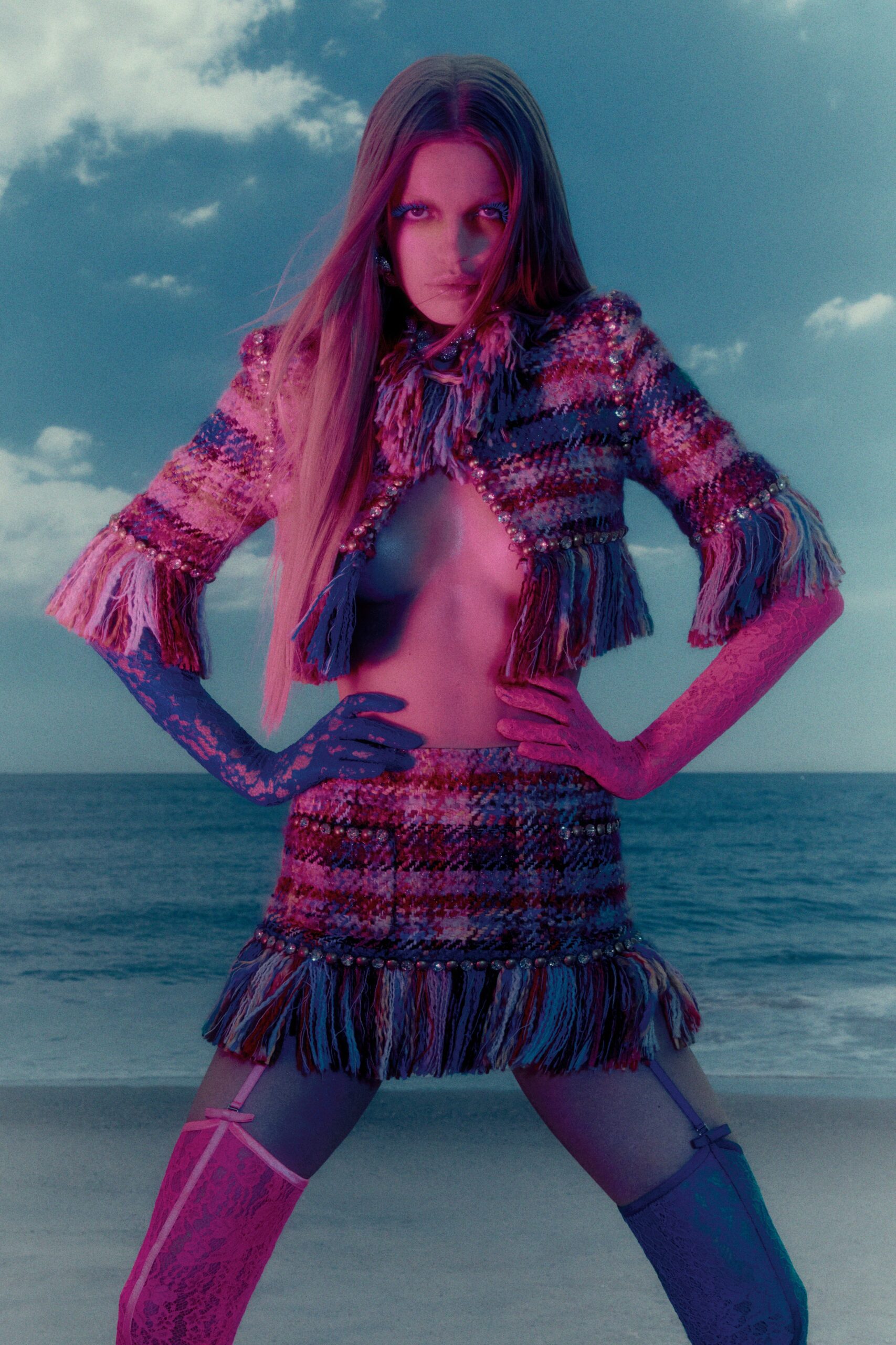 multi-colored fringed top and mini skirt