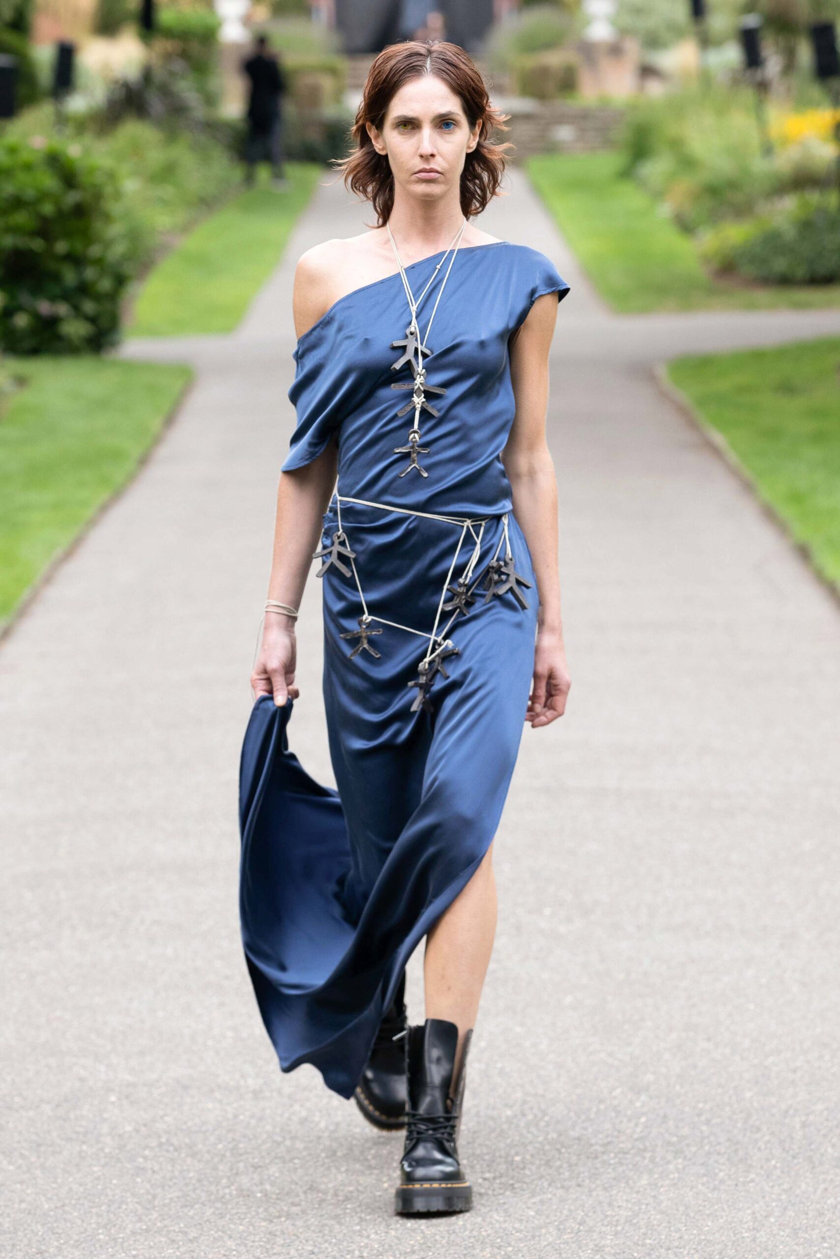 blue silk off-shoulder dress