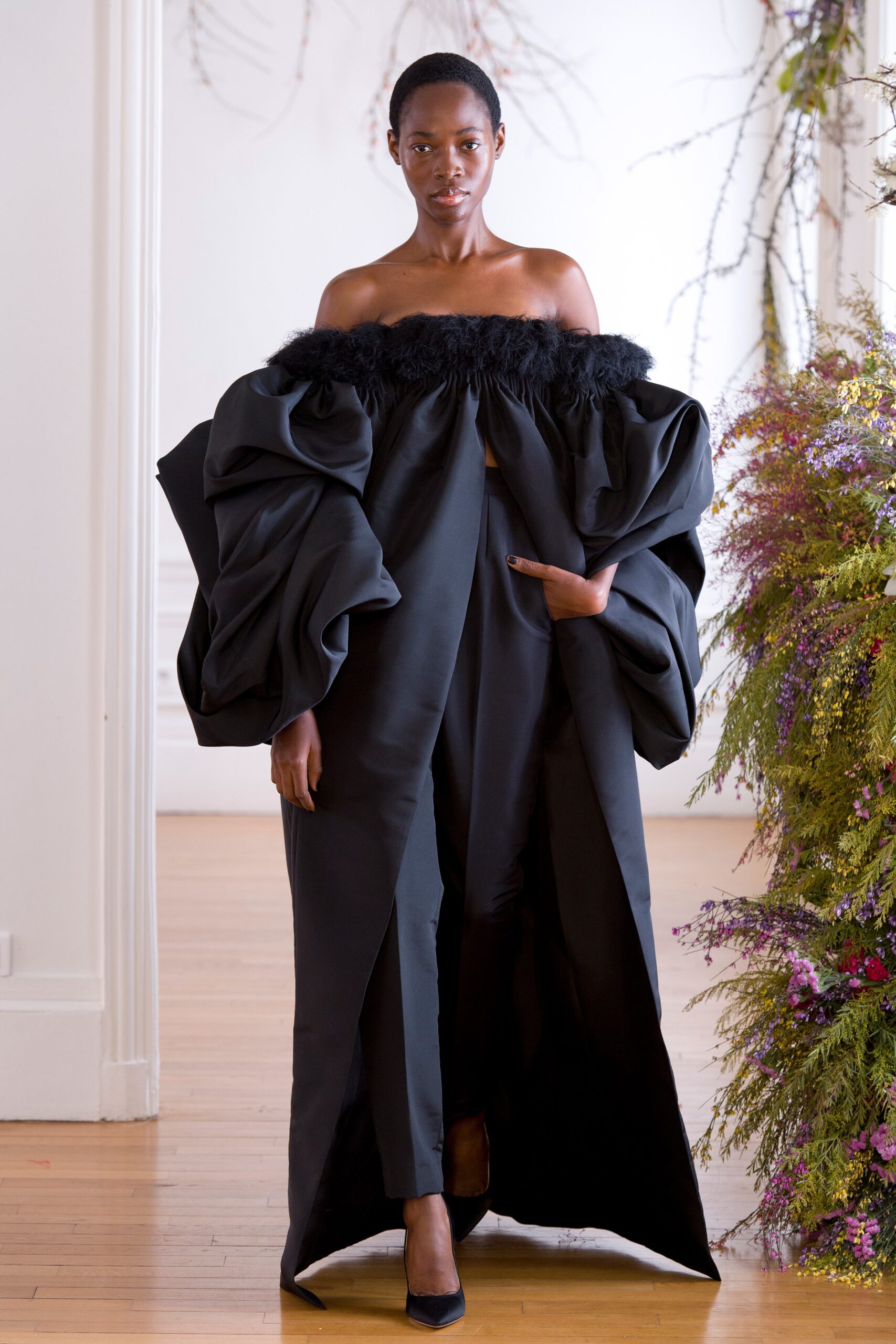 black silk off-shoulder gown