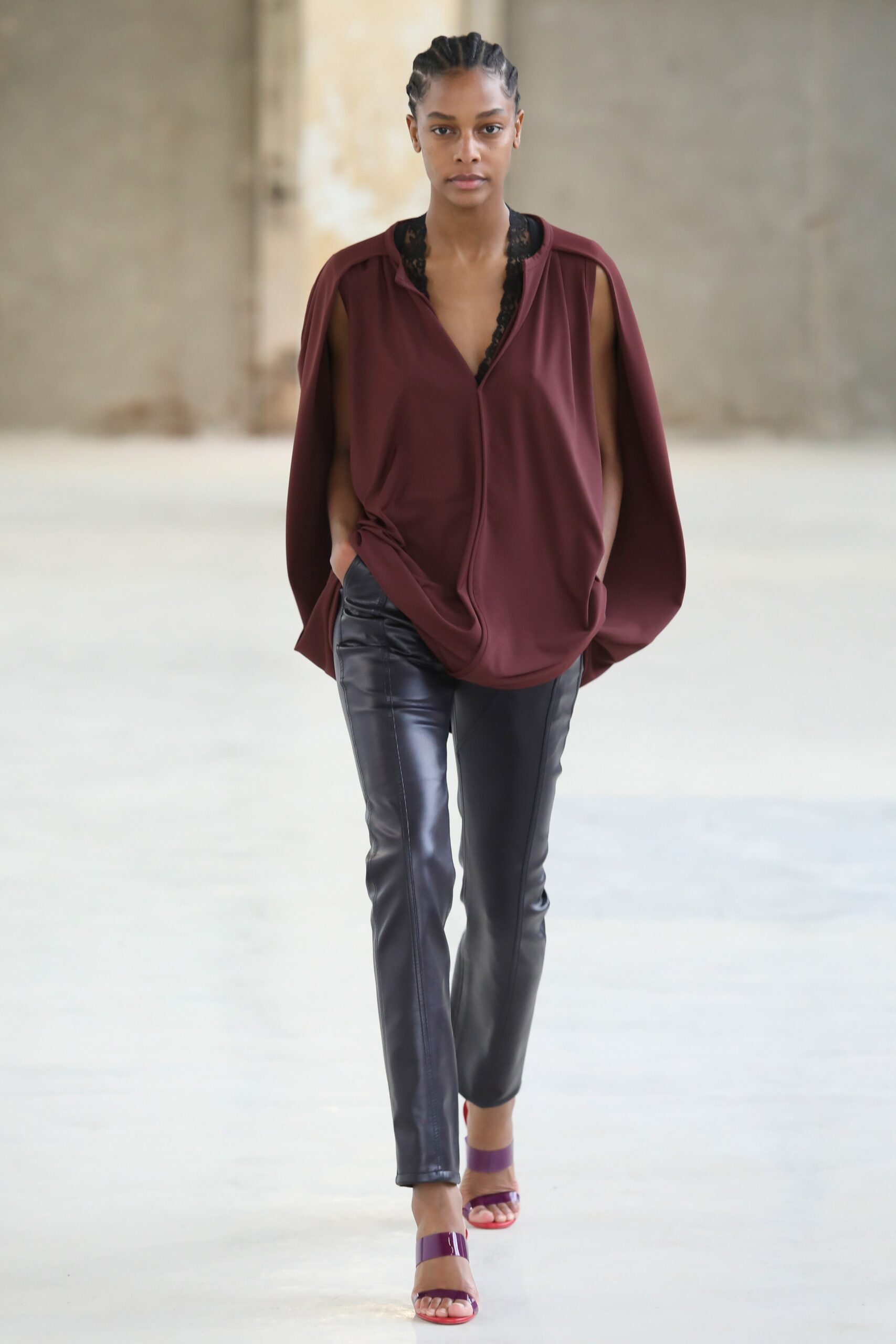 maroon silk long-sleeve collared relaxed draped top