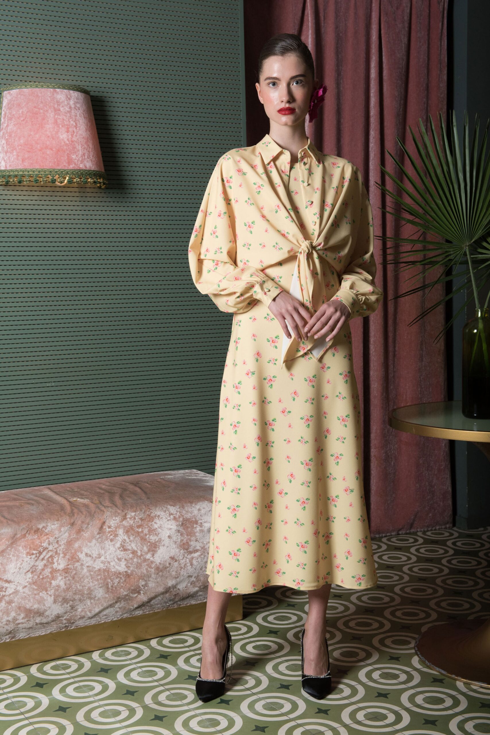 yellow floral midi dress