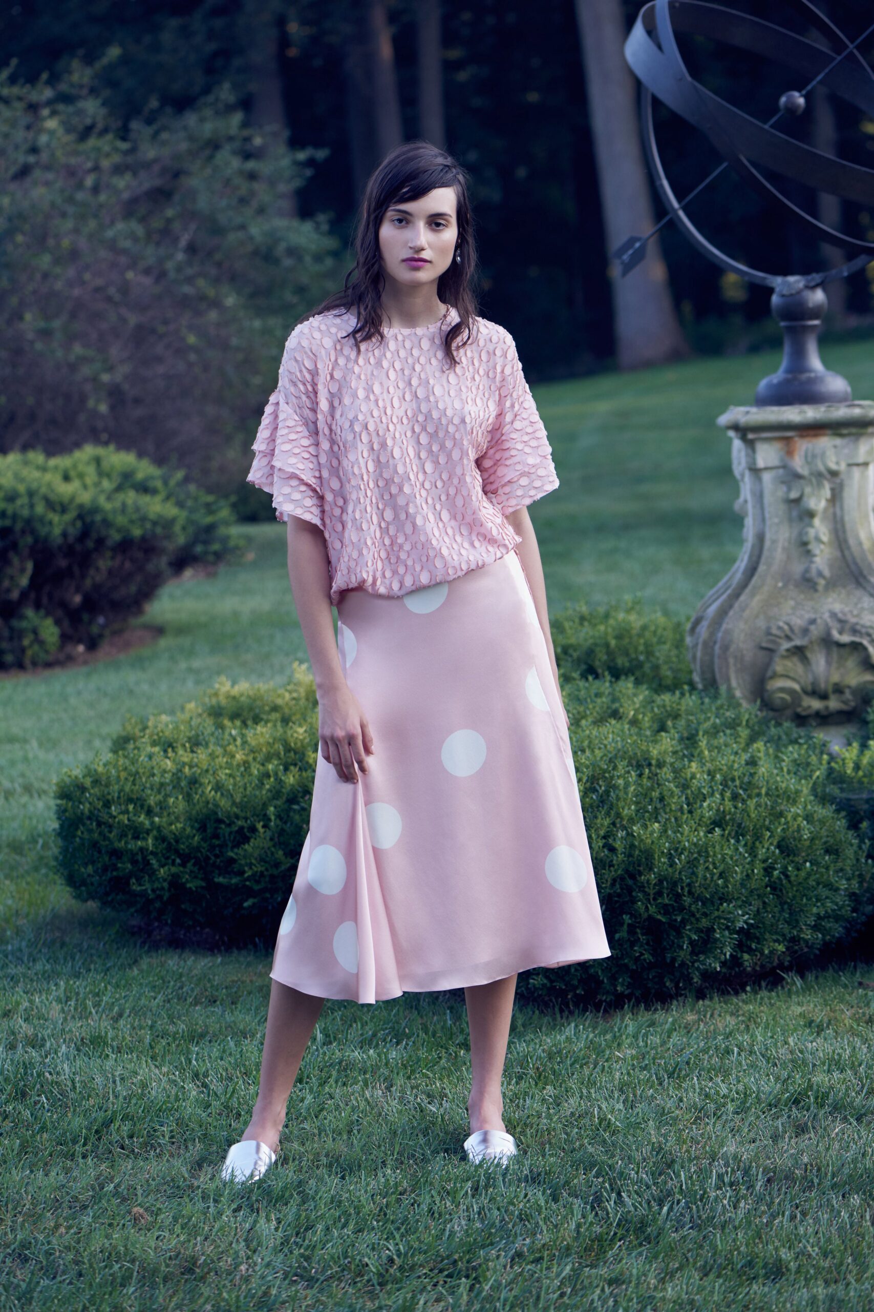 pink silk fitted a-line polka-dot midi skirt