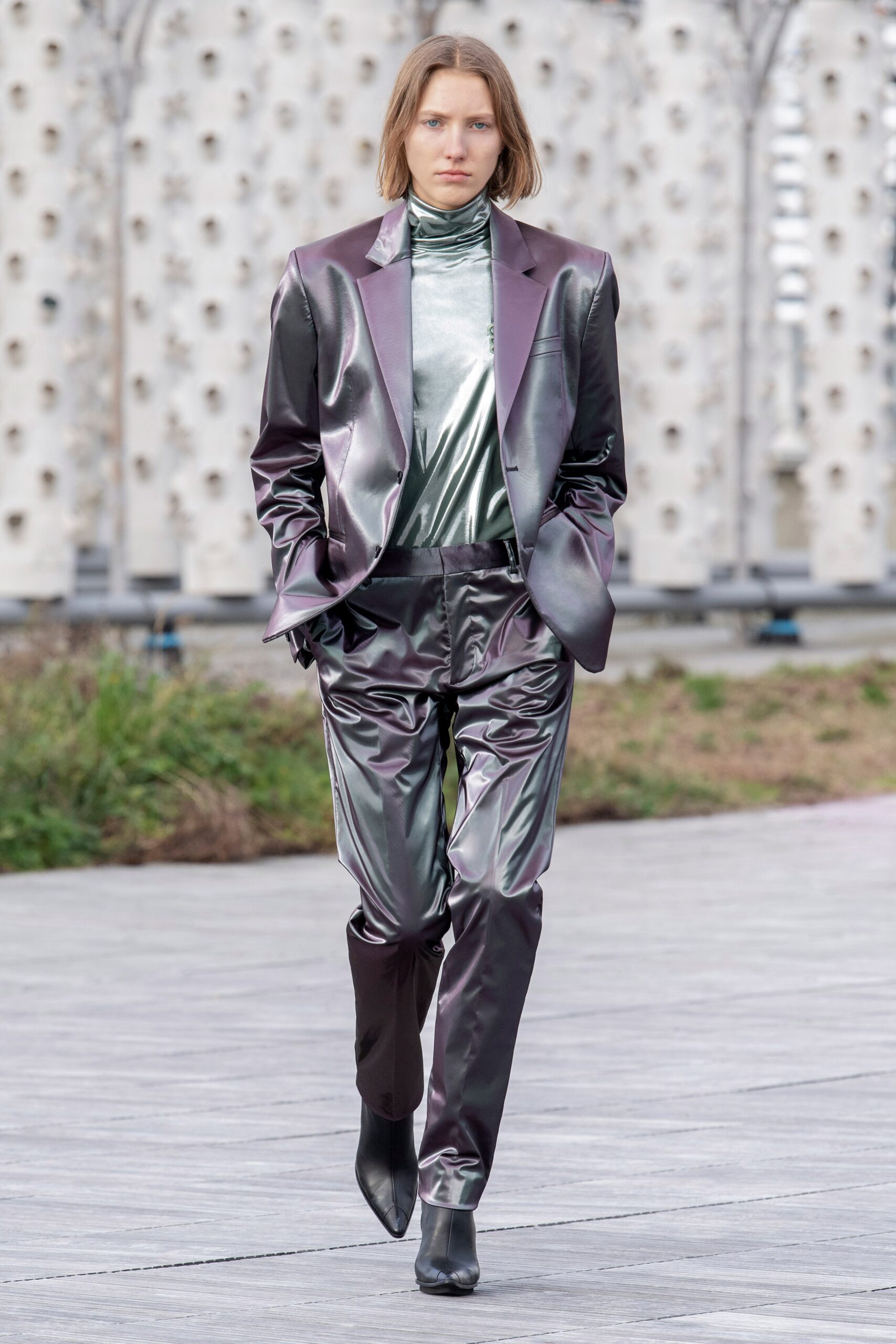 purple satin tailored suit