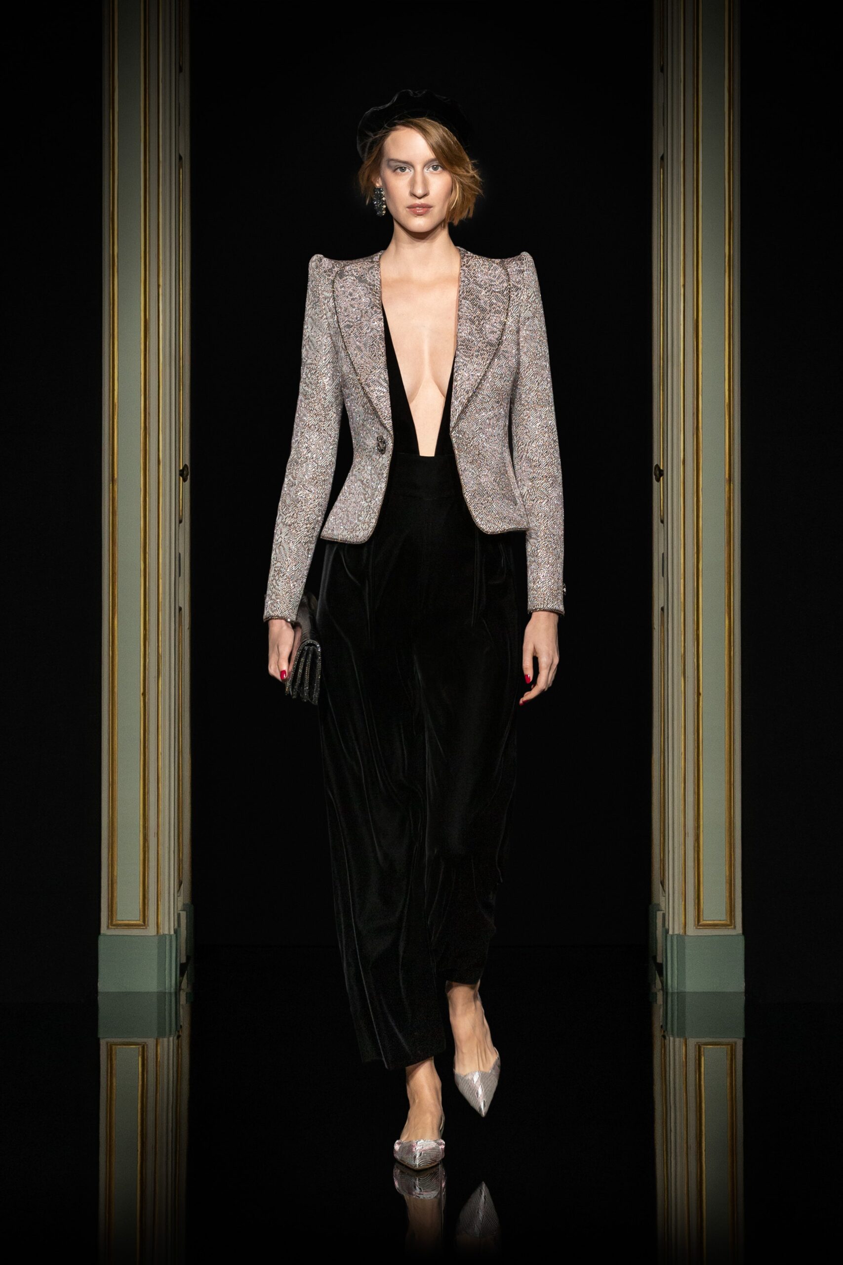 gray tweed blazer with black jumpsuit