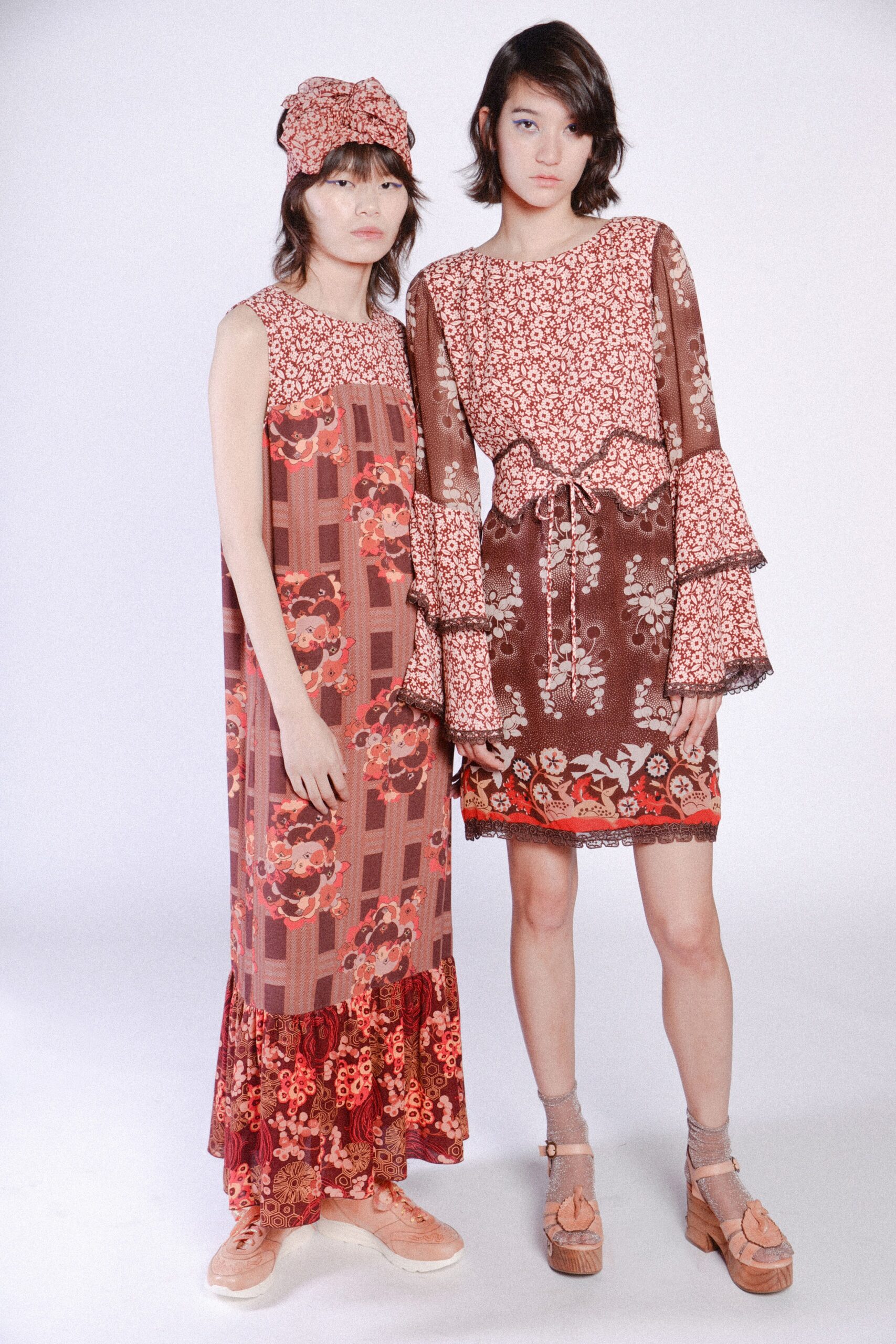 red cotton long-sleeve v-neck fitted flared embroidered dress