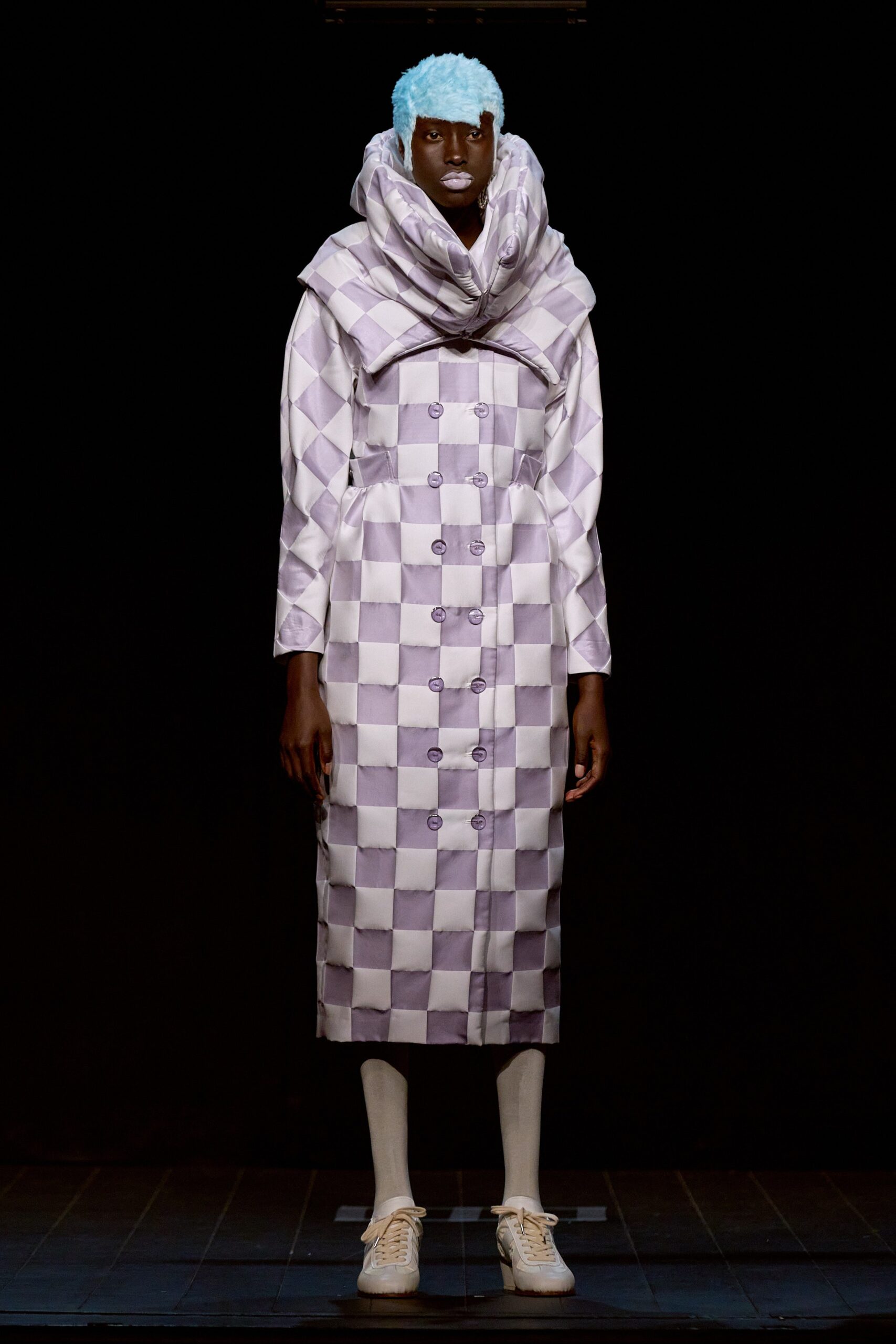 purple and white checked coat