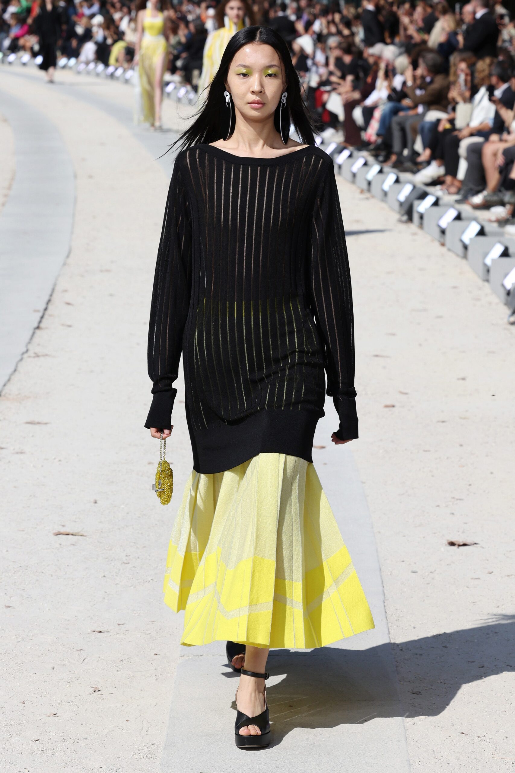 yellow chiffon fitted flared flowing skirt