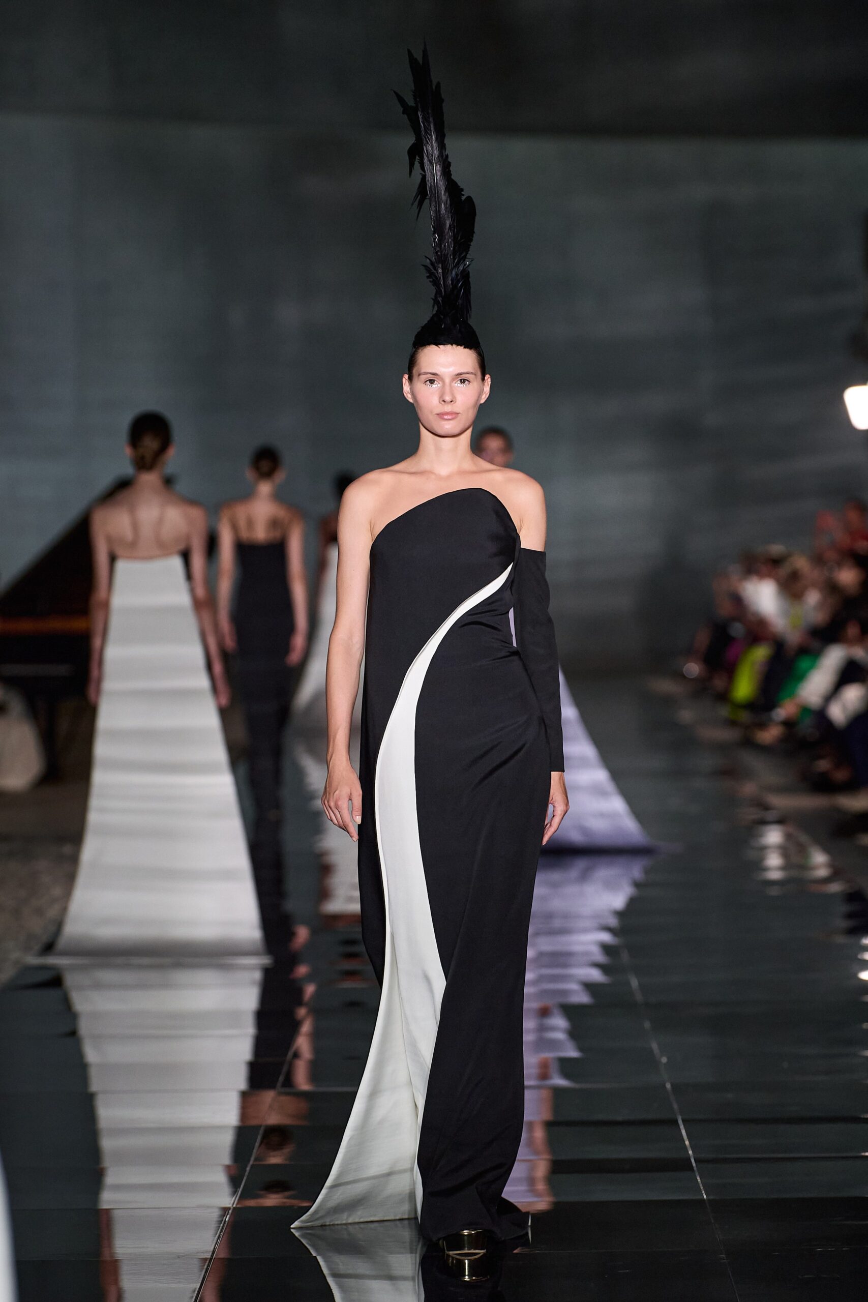 black and white asymmetric gown