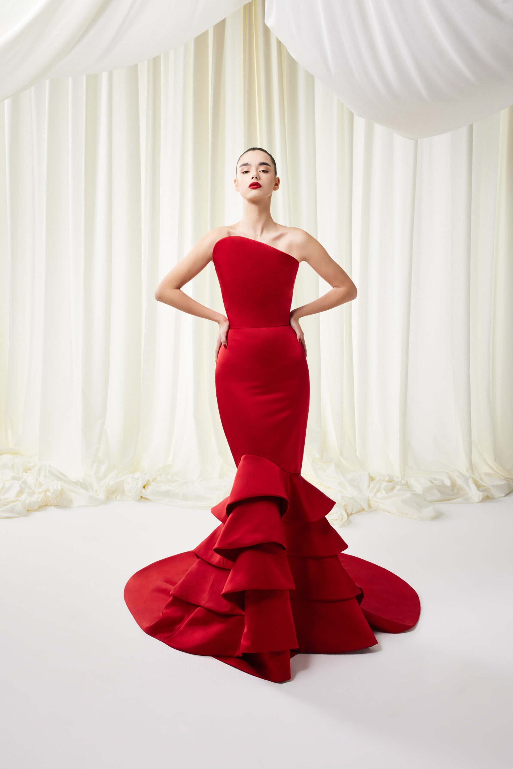red silk strapless gown