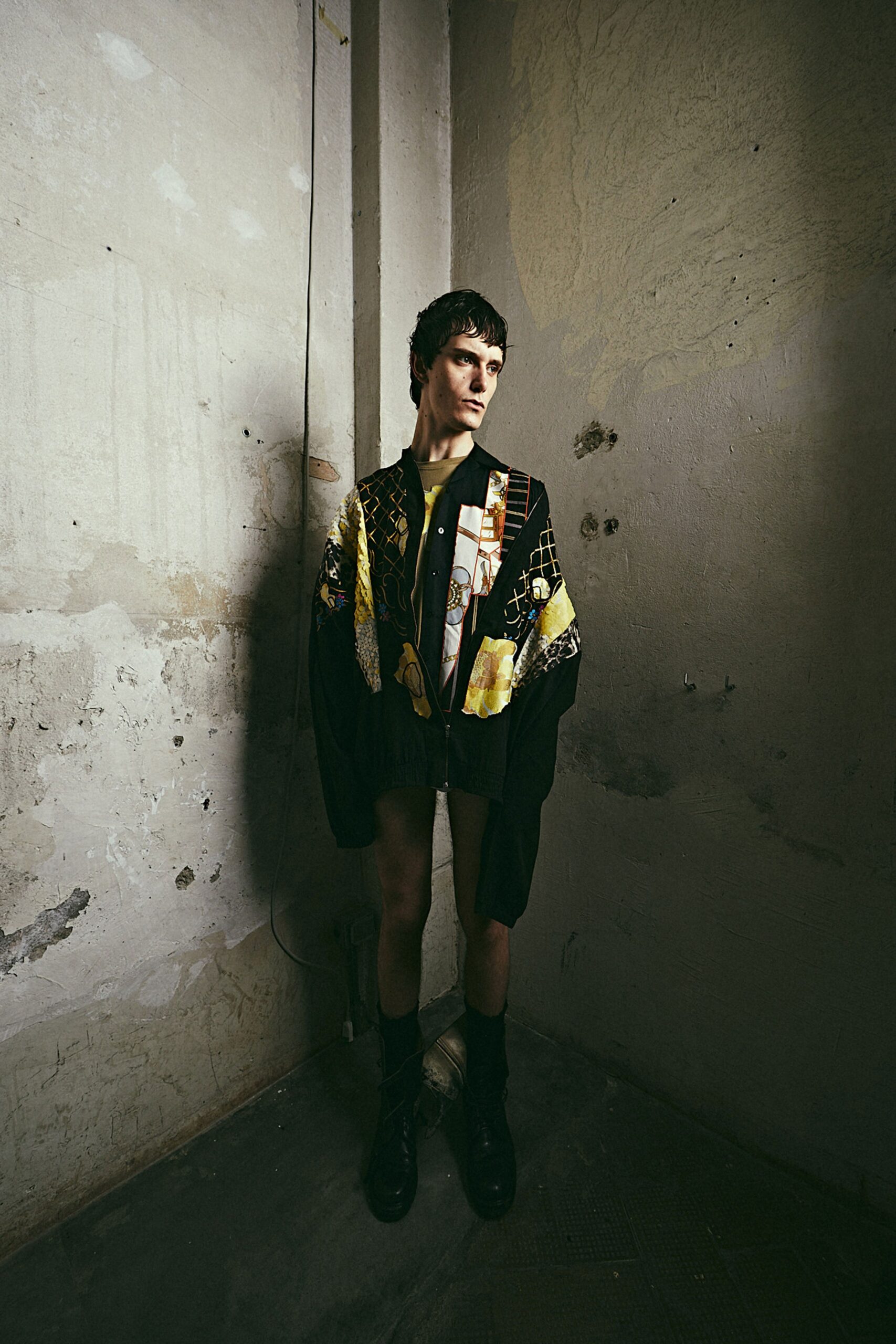 oversized printed jacket with fitted shirt and shorts