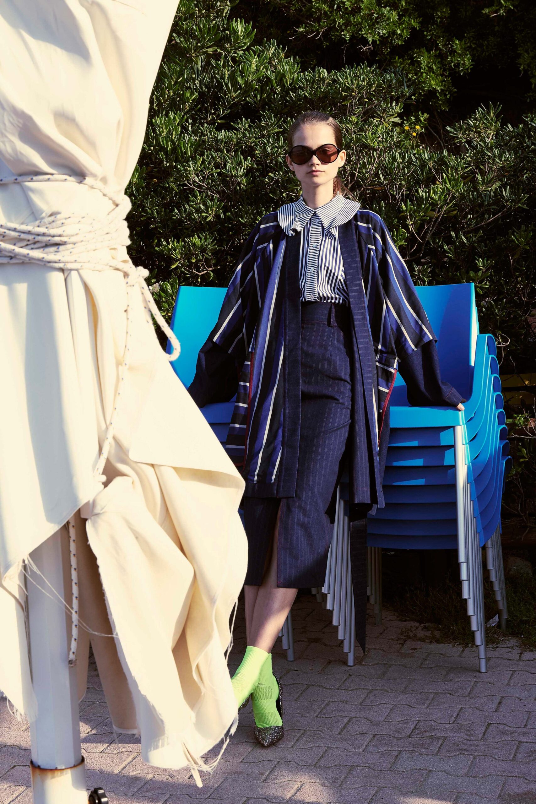 blue and white striped coat
