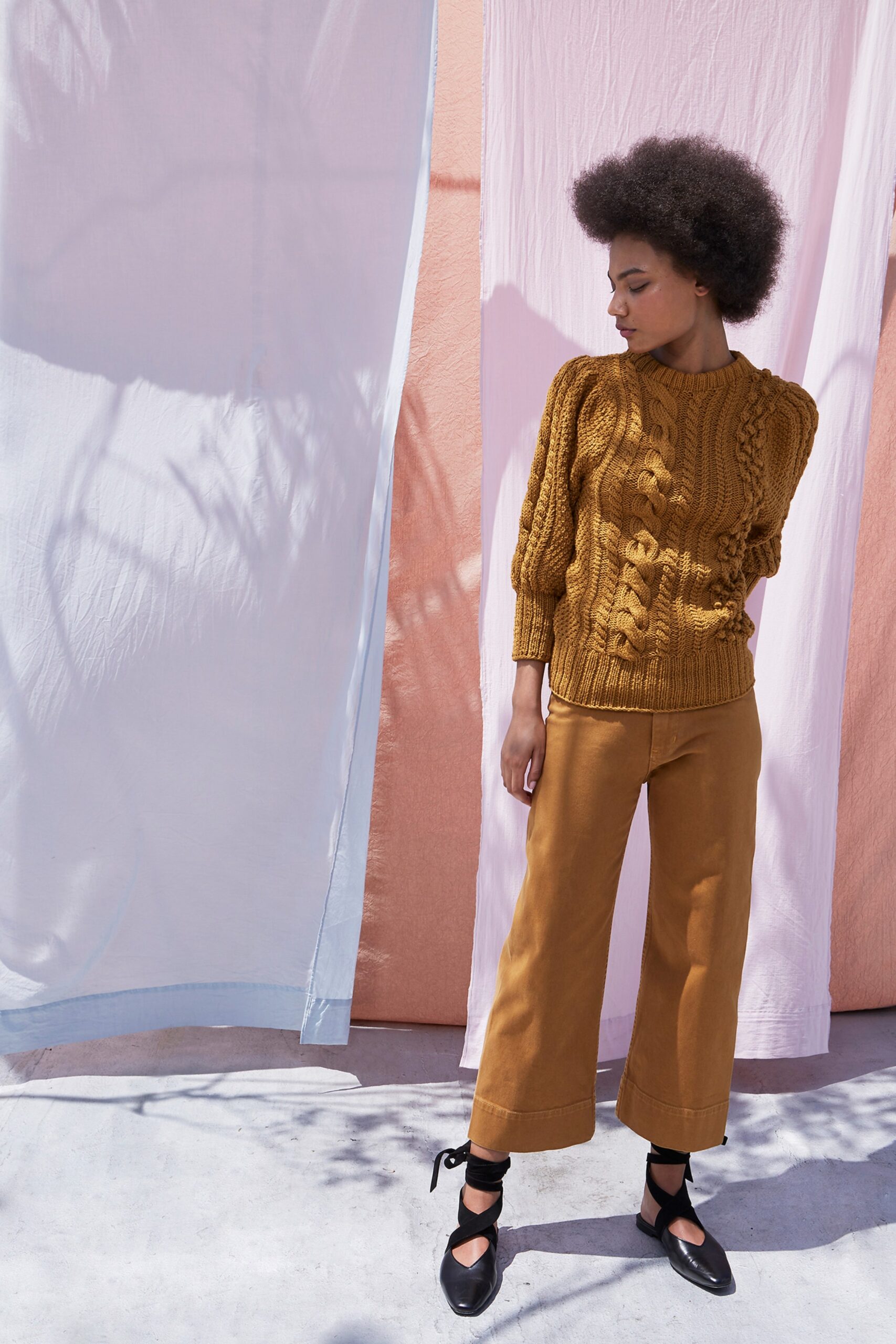 brown wool sweater with relaxed pants