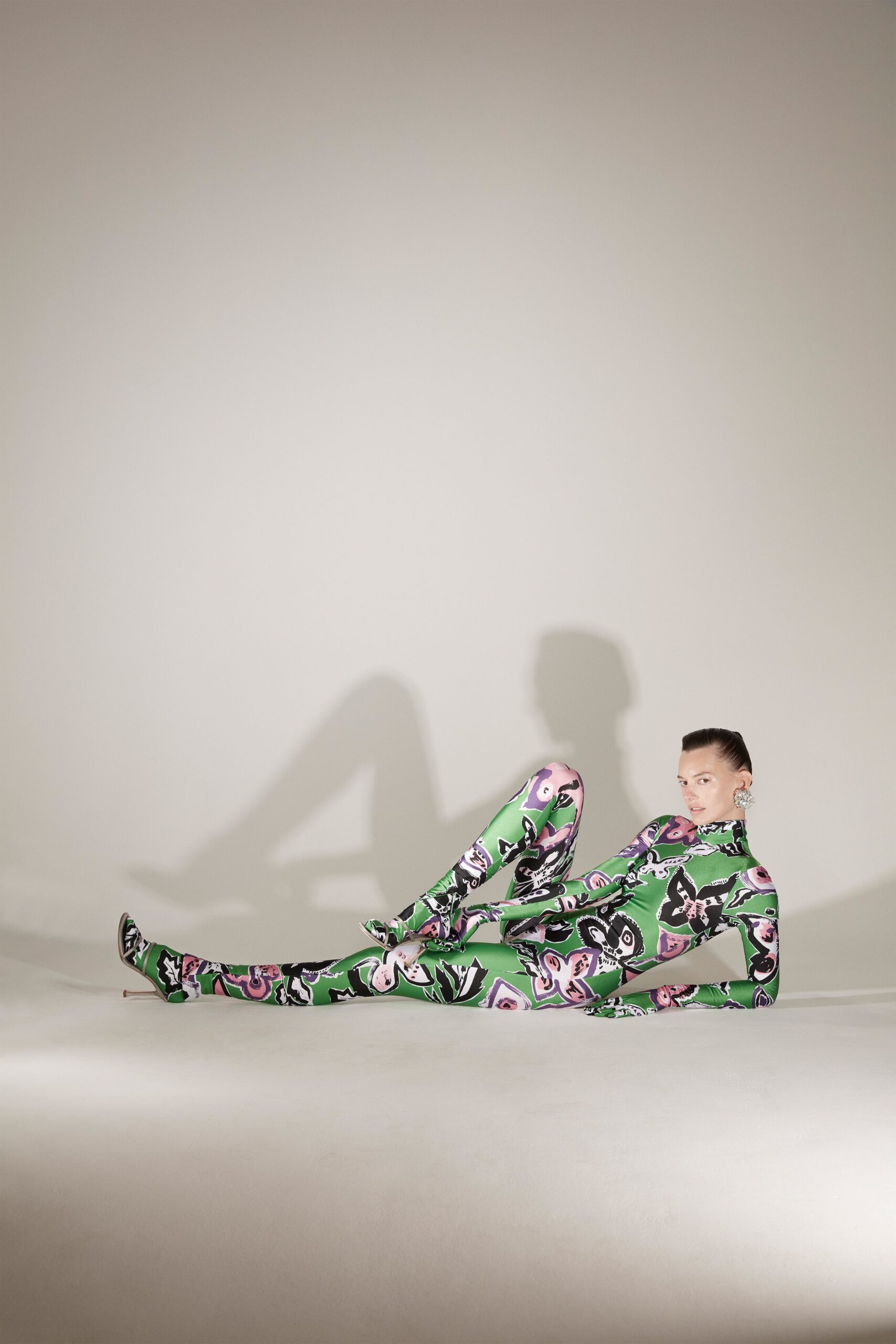 fitted green printed catsuit