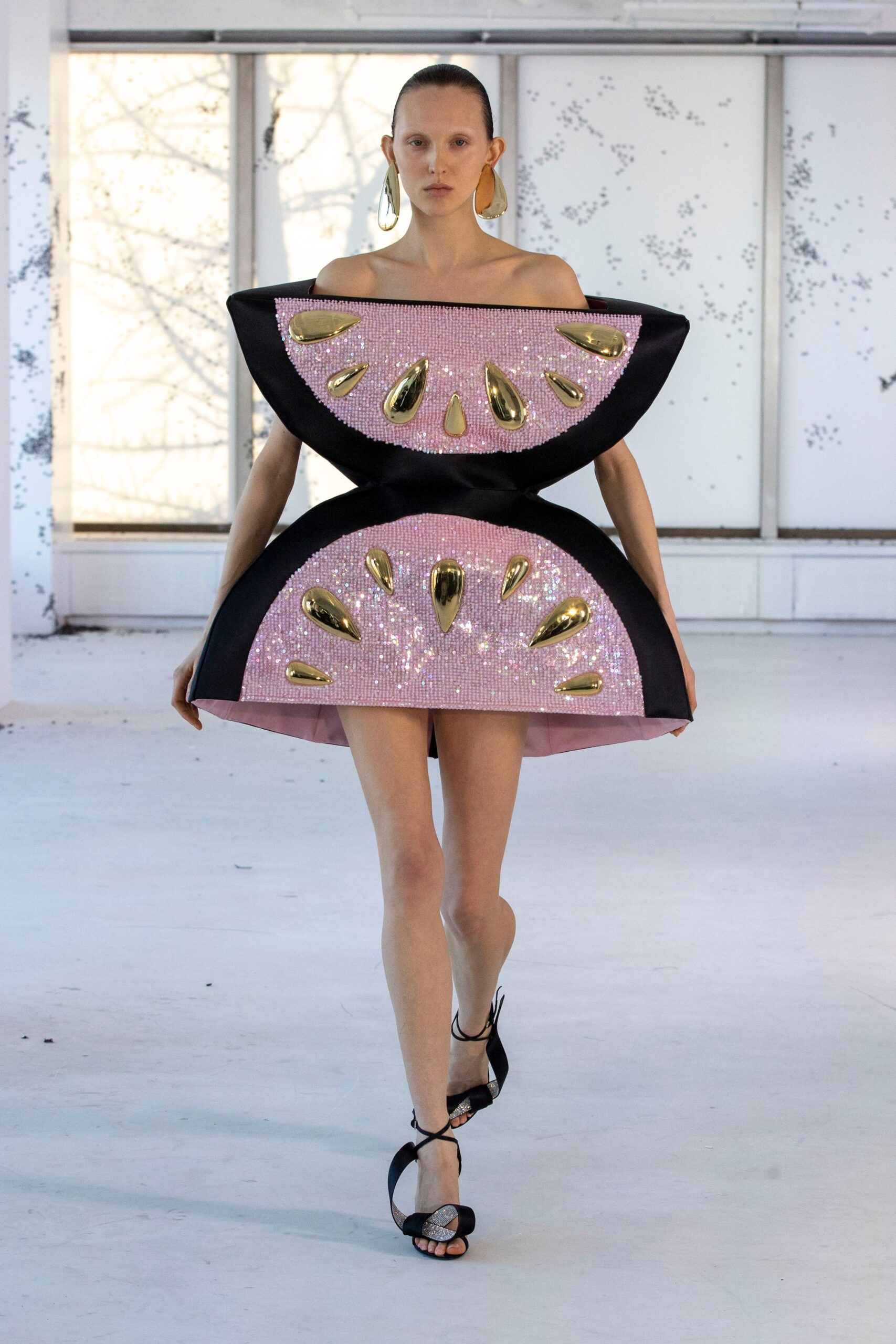 pink and black embellished mini dress