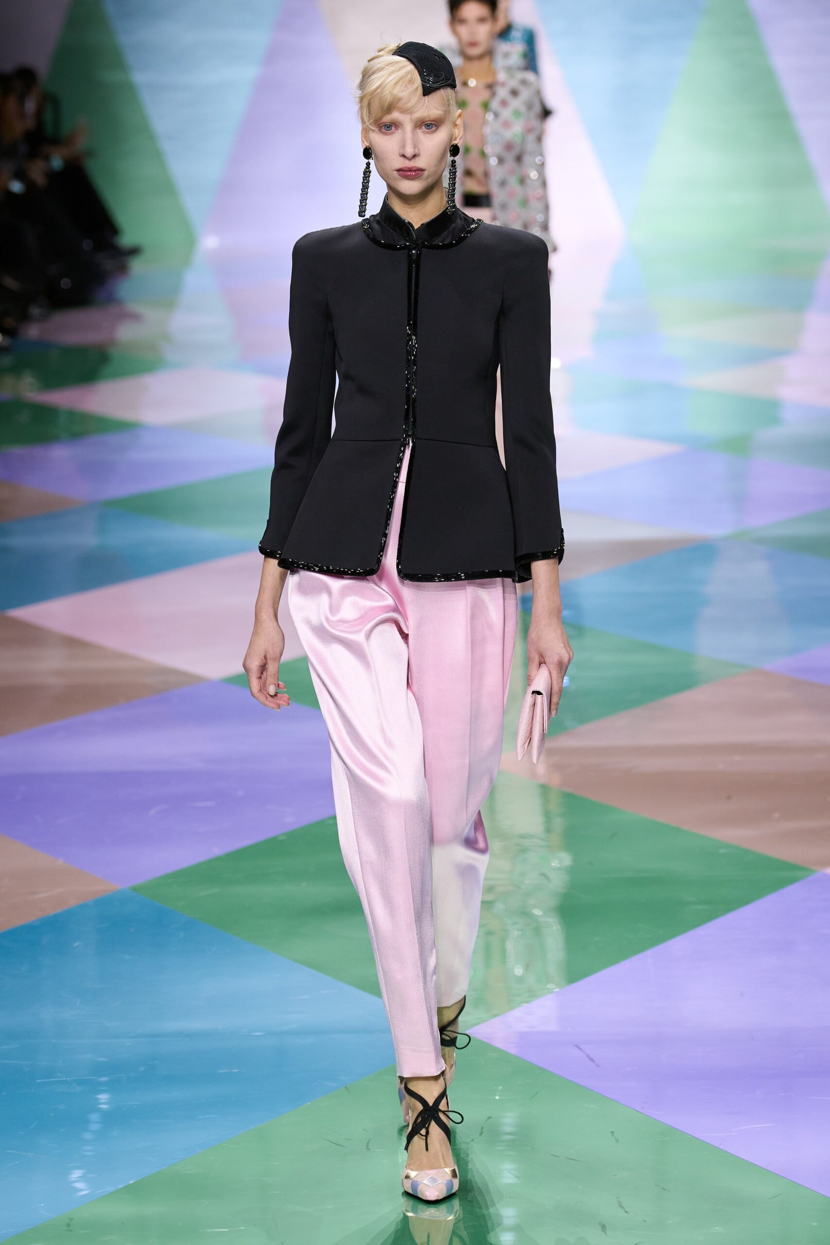 black silk blazer with pink pants