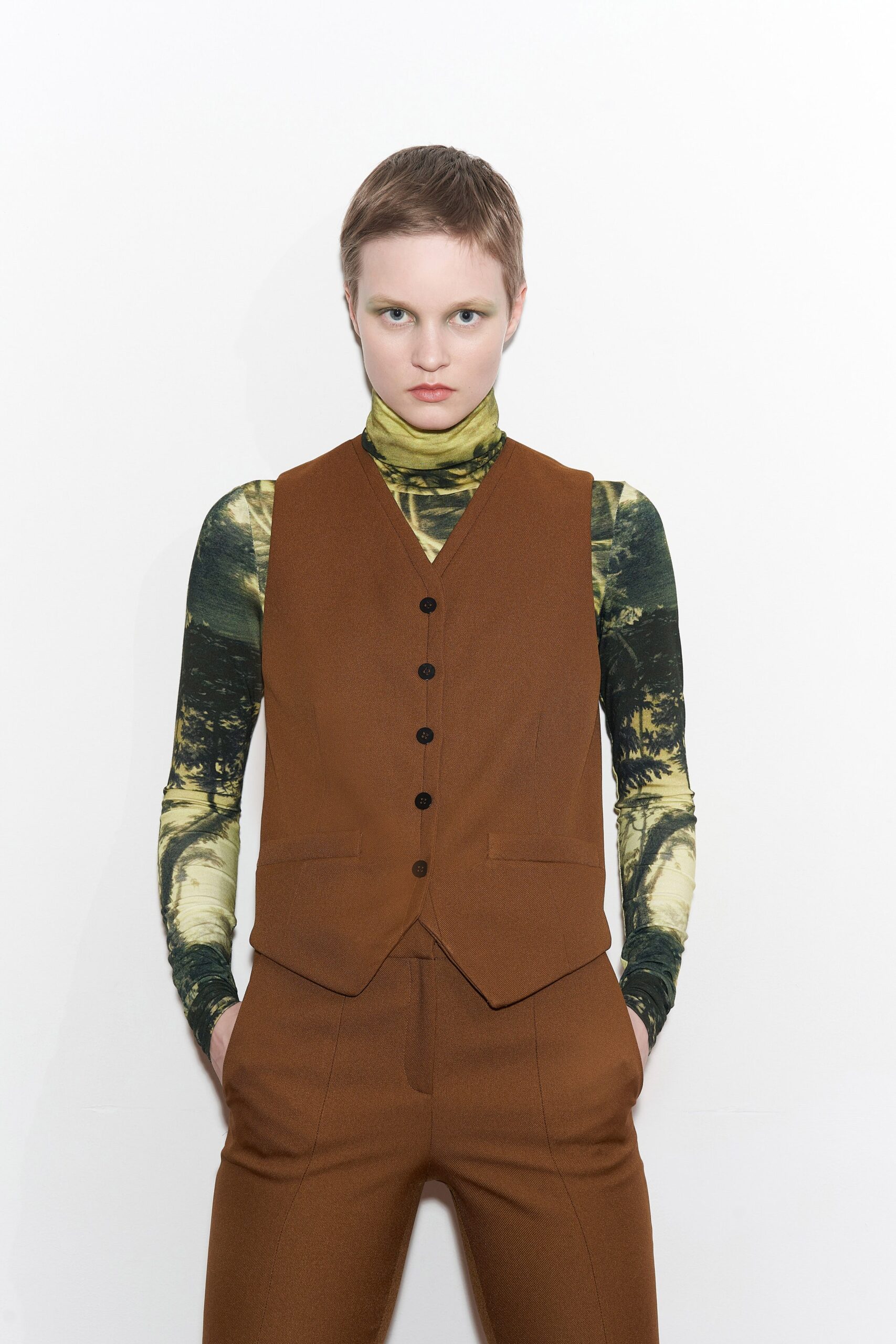 brown wool fitted vest and tailored pants
