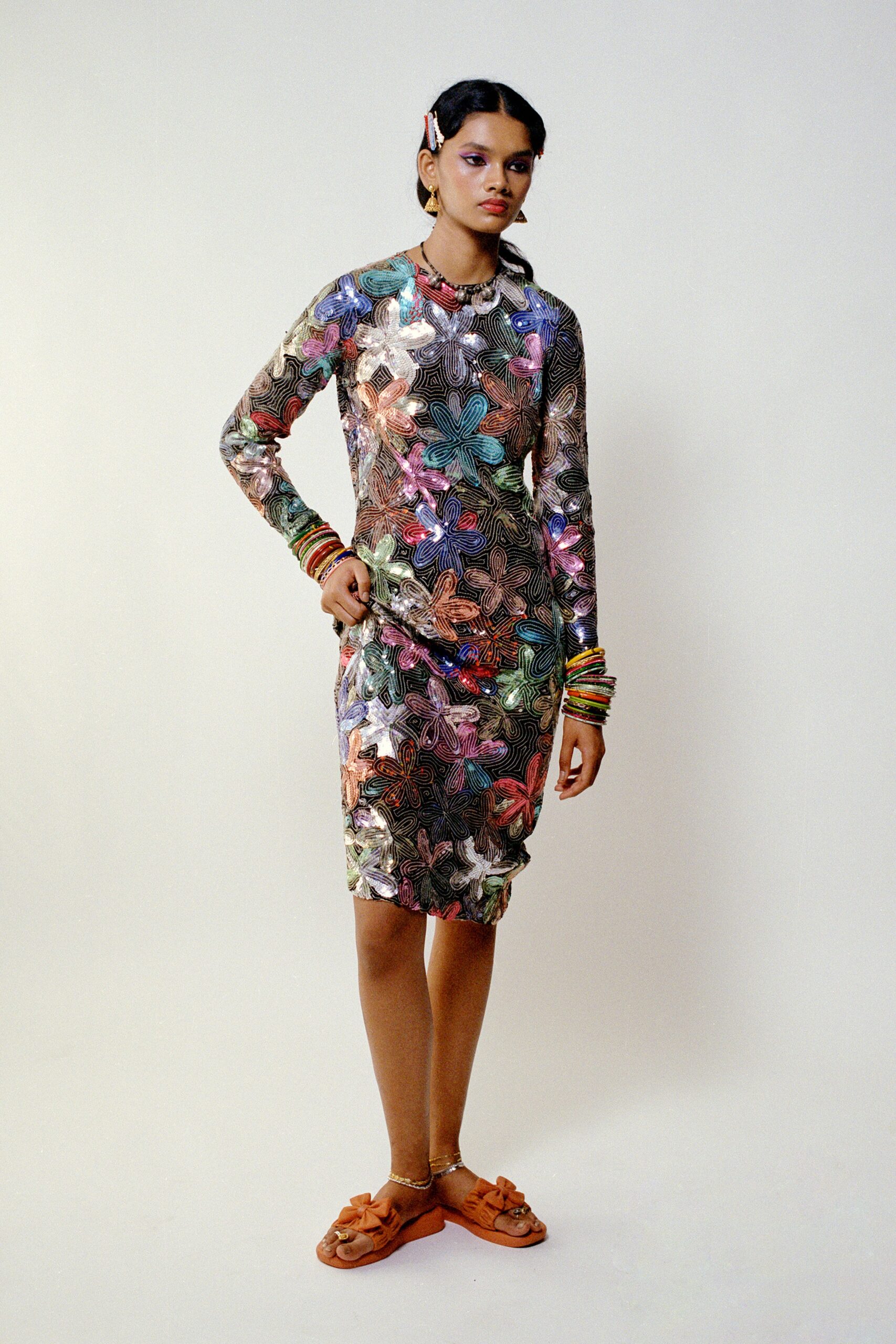 multi-colored sequin long-sleeve dress