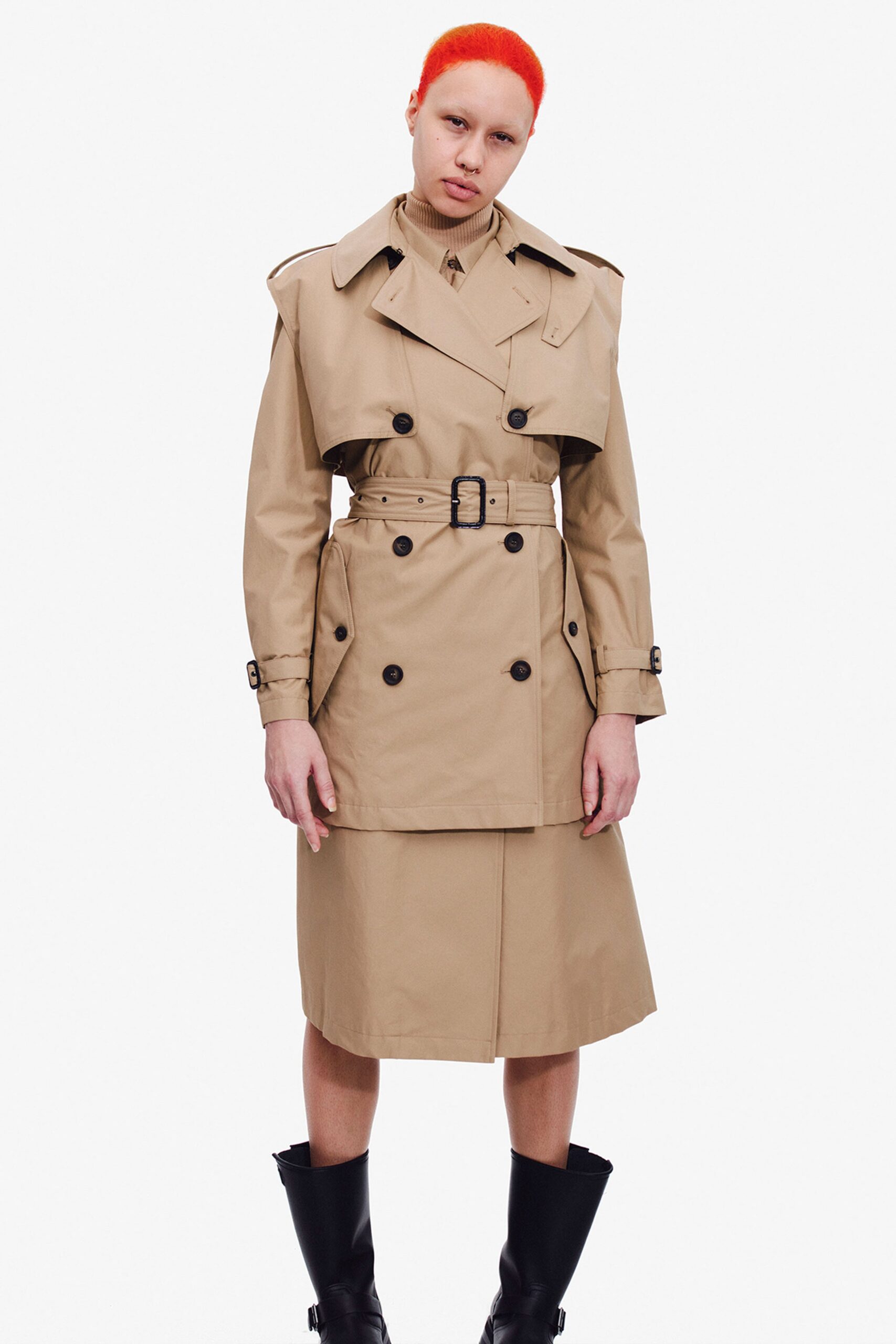 beige cotton long-sleeve collared tailored belted midi trench