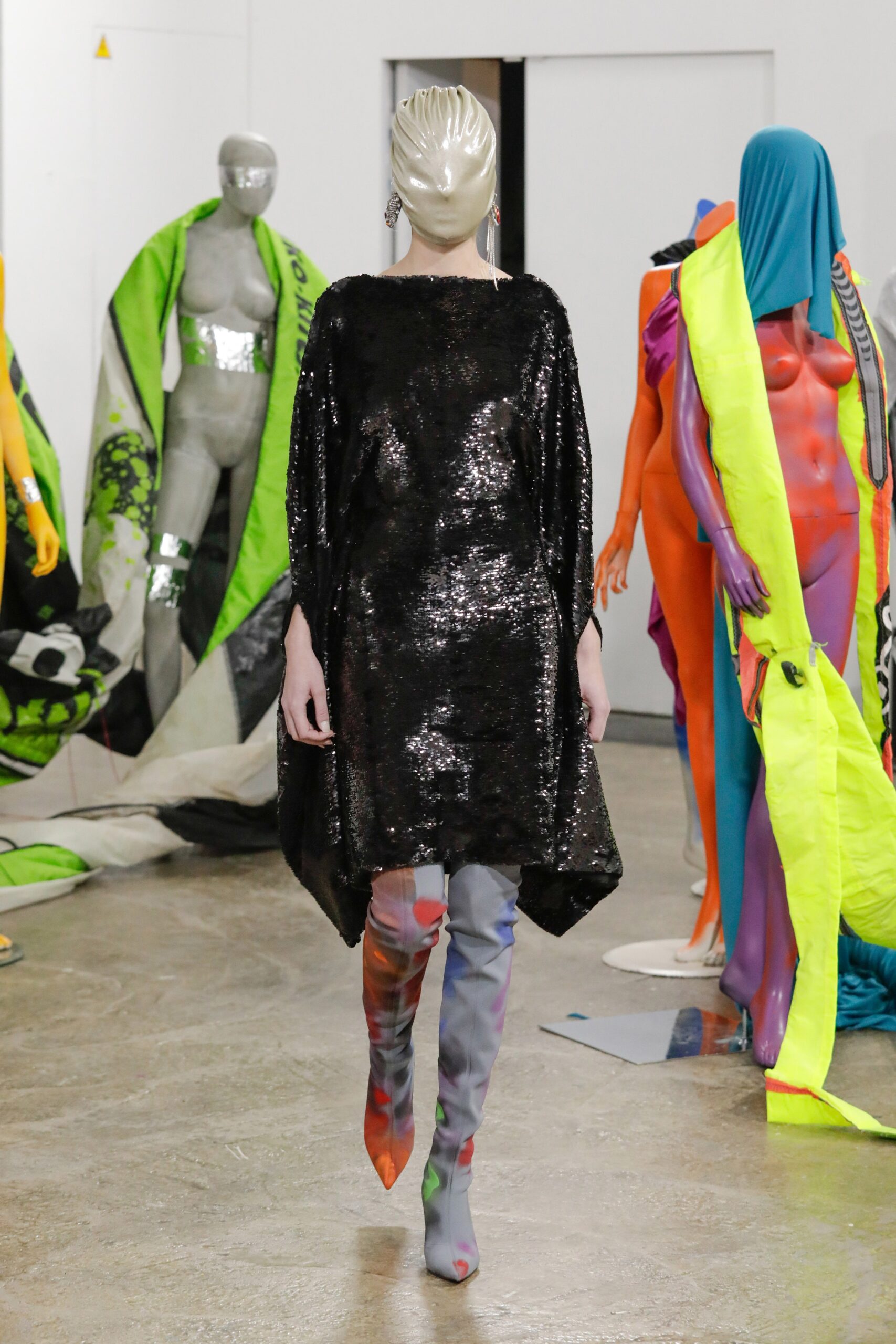 black sequin mini dress with multi boots