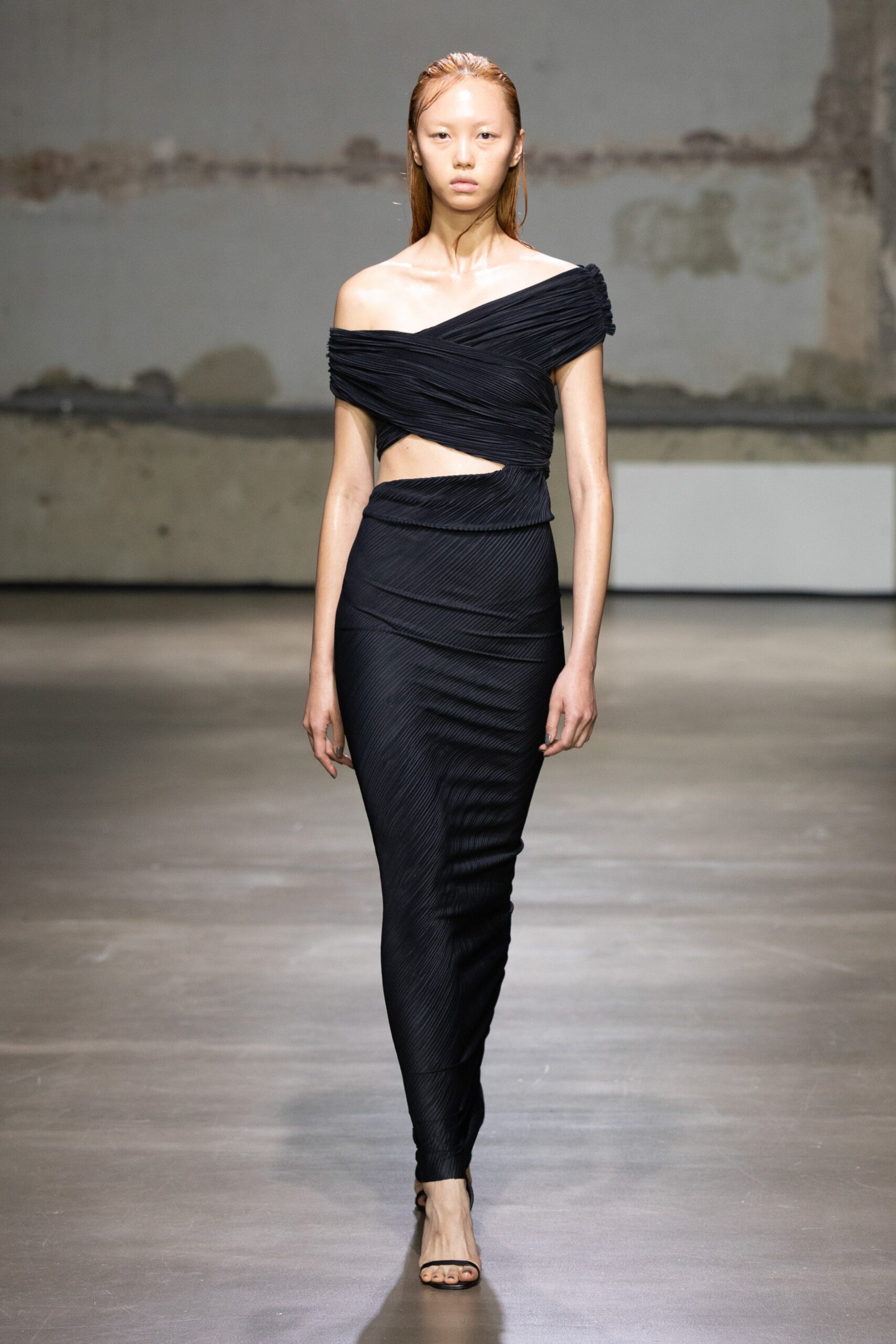 black silk off-shoulder dress