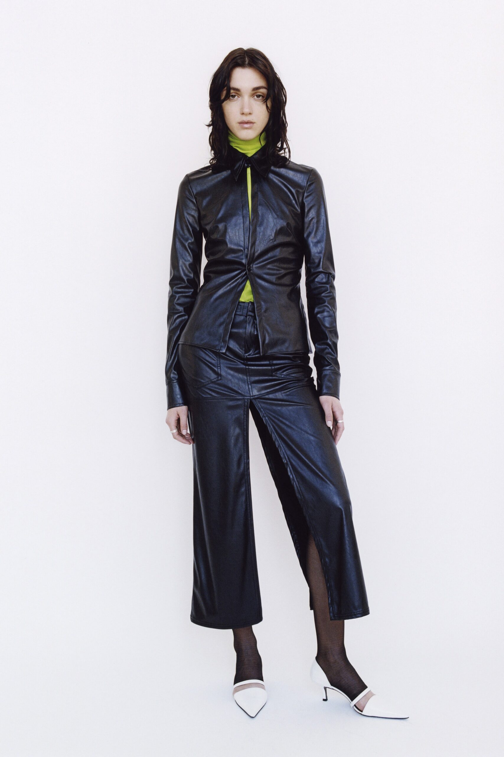 black leather fitted top and pants