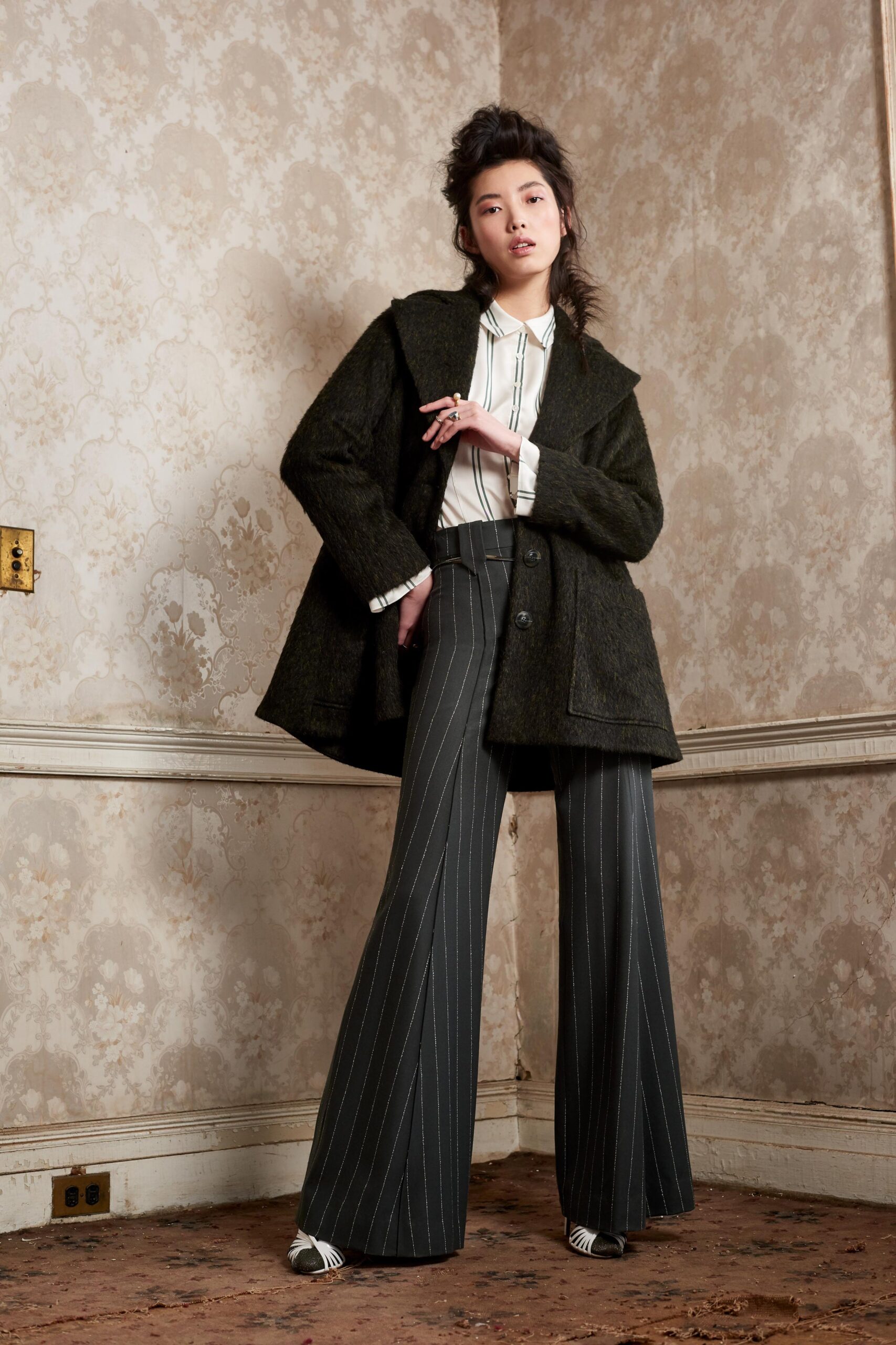 black wool tailored striped flared pants