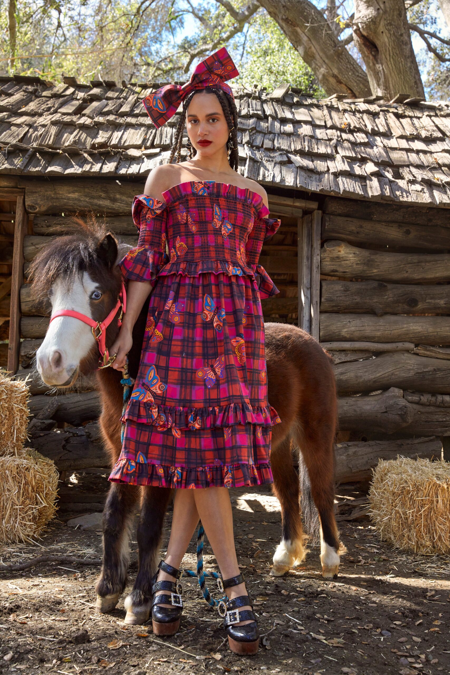 red cotton off-shoulder short-sleeve fitted tiered ruffled dress