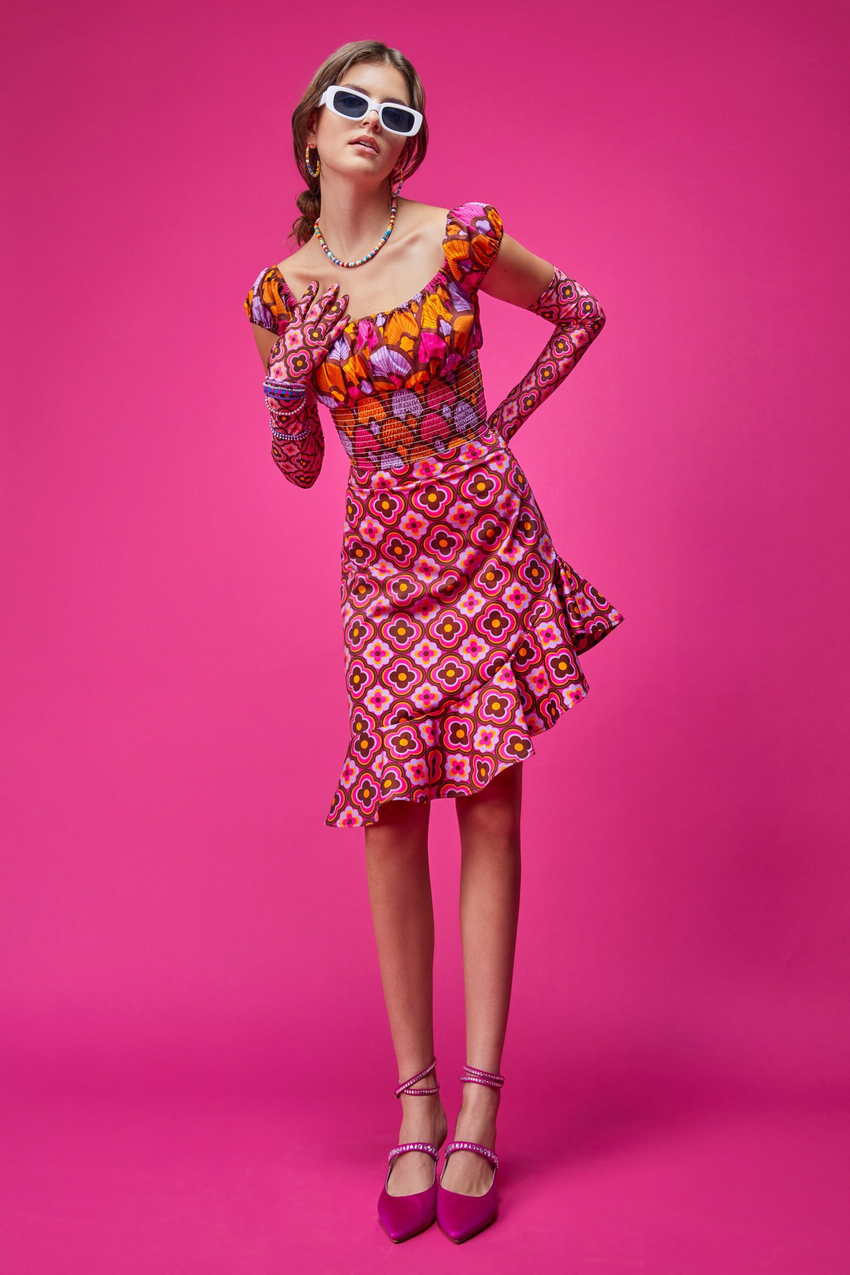 pink printed mini dress