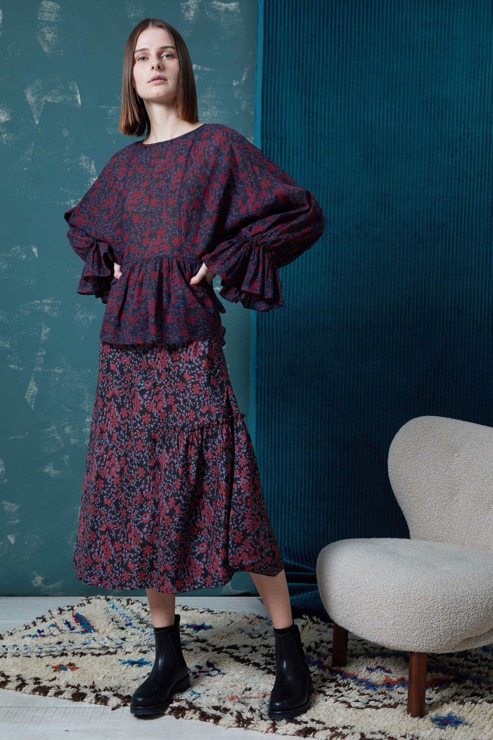 red cotton long-sleeve collared relaxed ruffled layered top