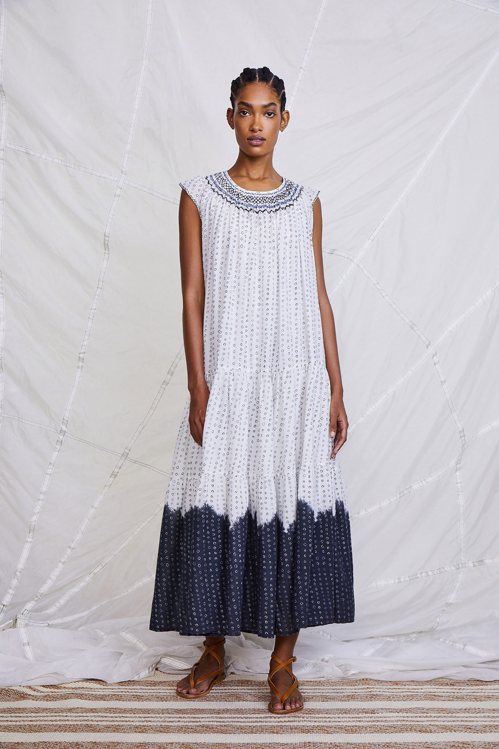 white and blue tiered maxi dress