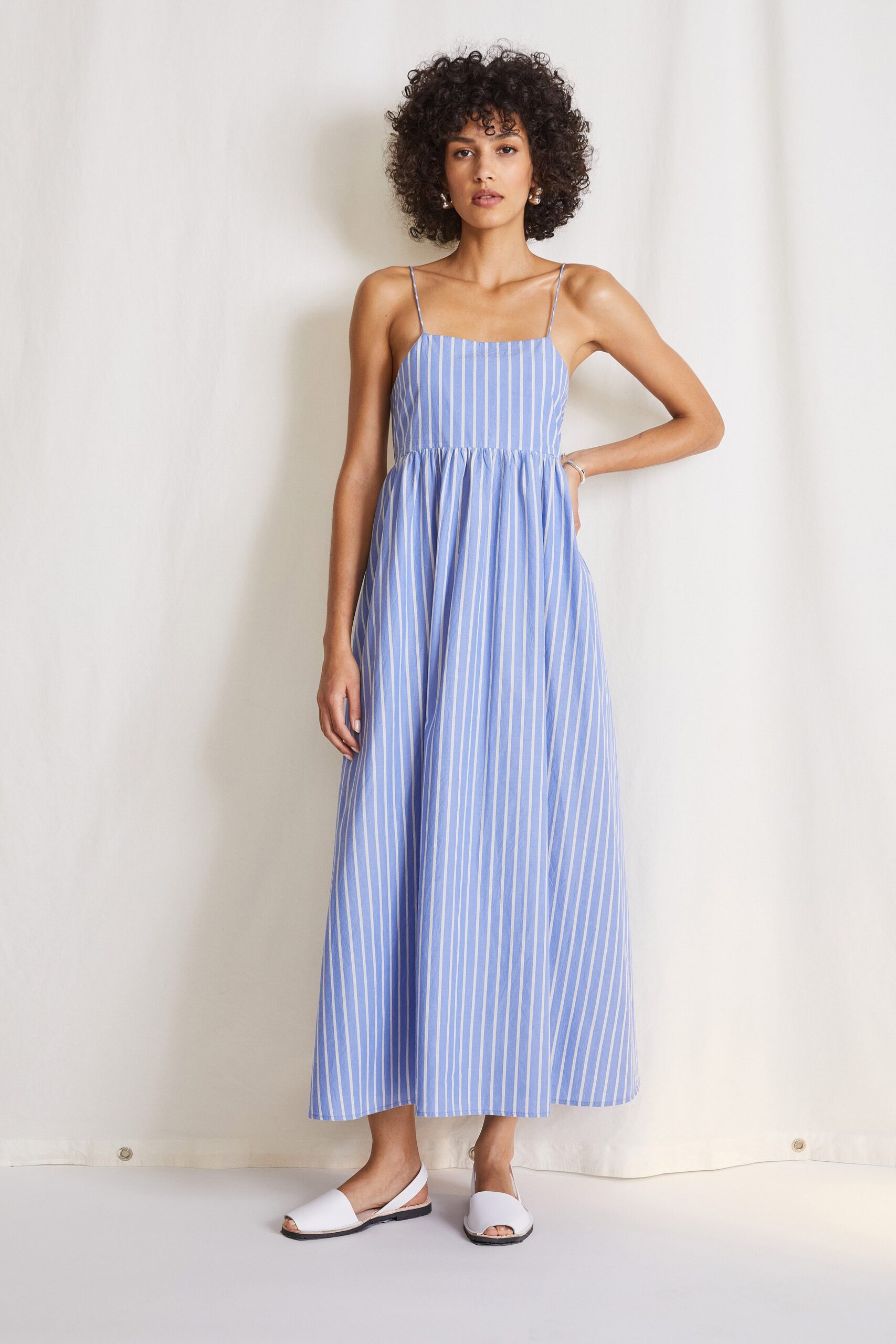 blue and white striped maxi dress