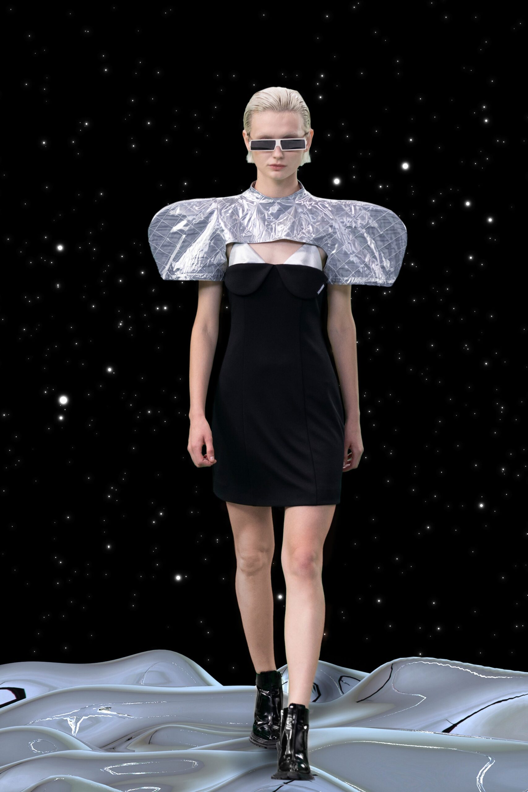 black fitted mini dress with silver jacket