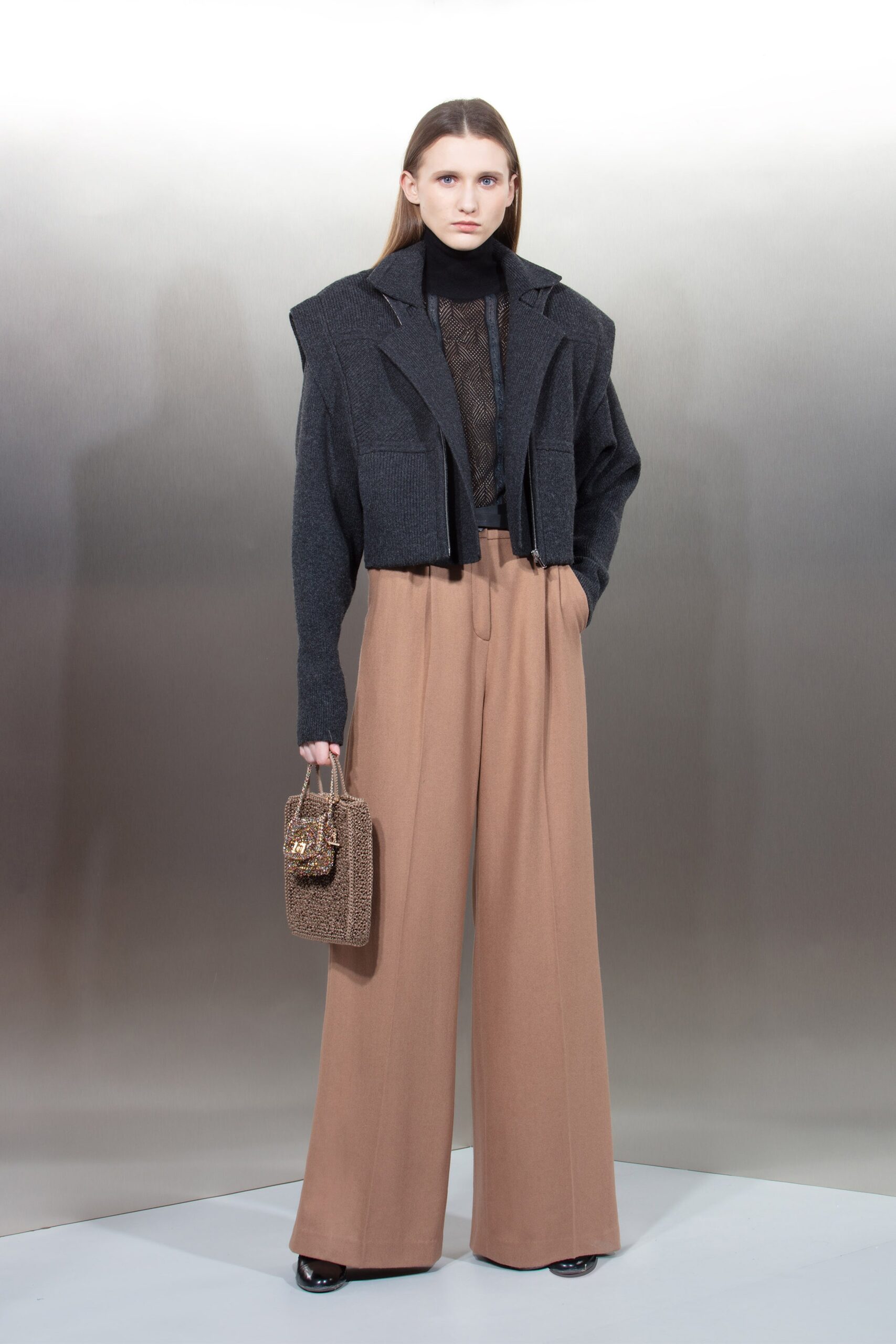 gray wool long-sleeve collared relaxed structured jacket