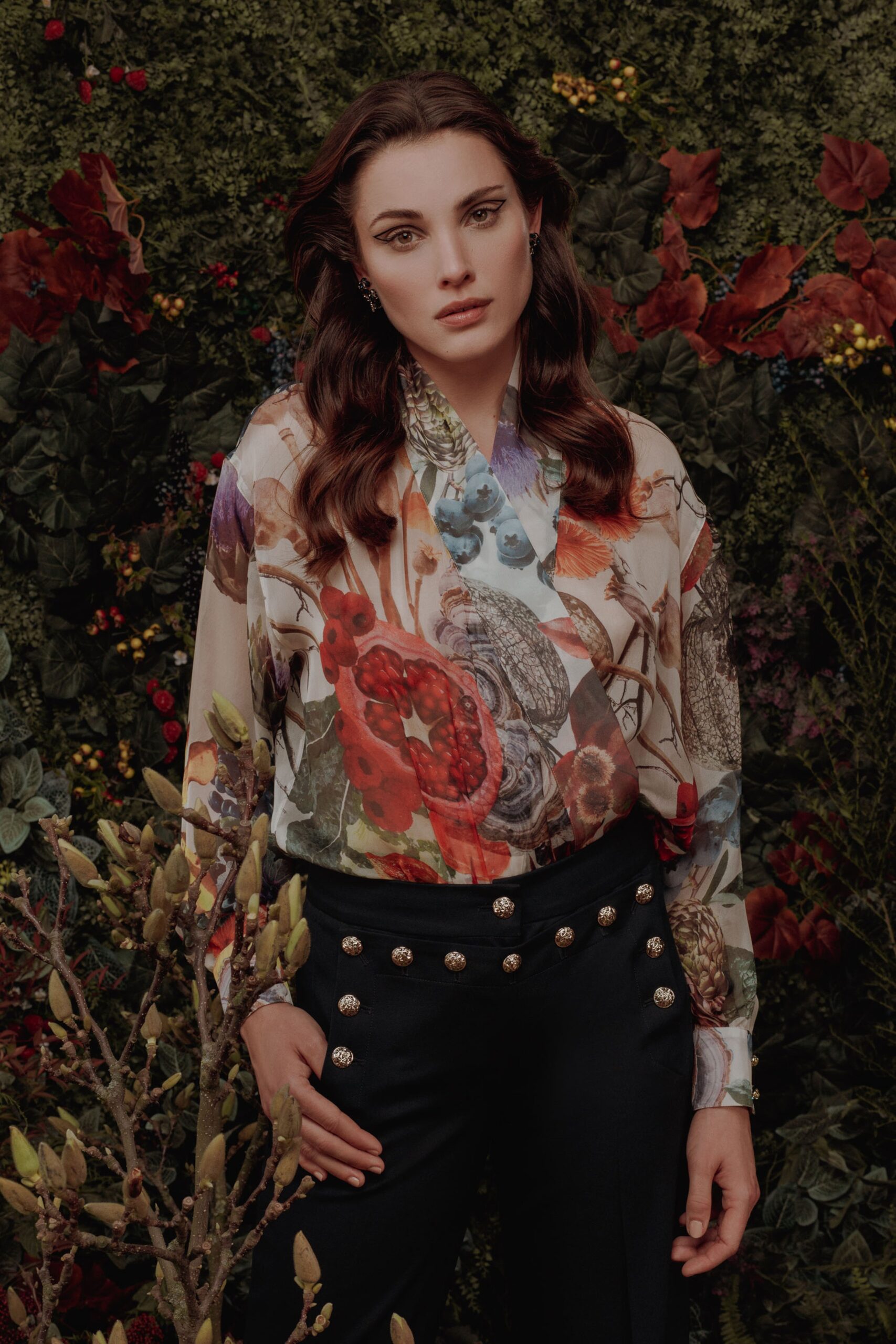 multi silk long-sleeve collared fitted printed blouse