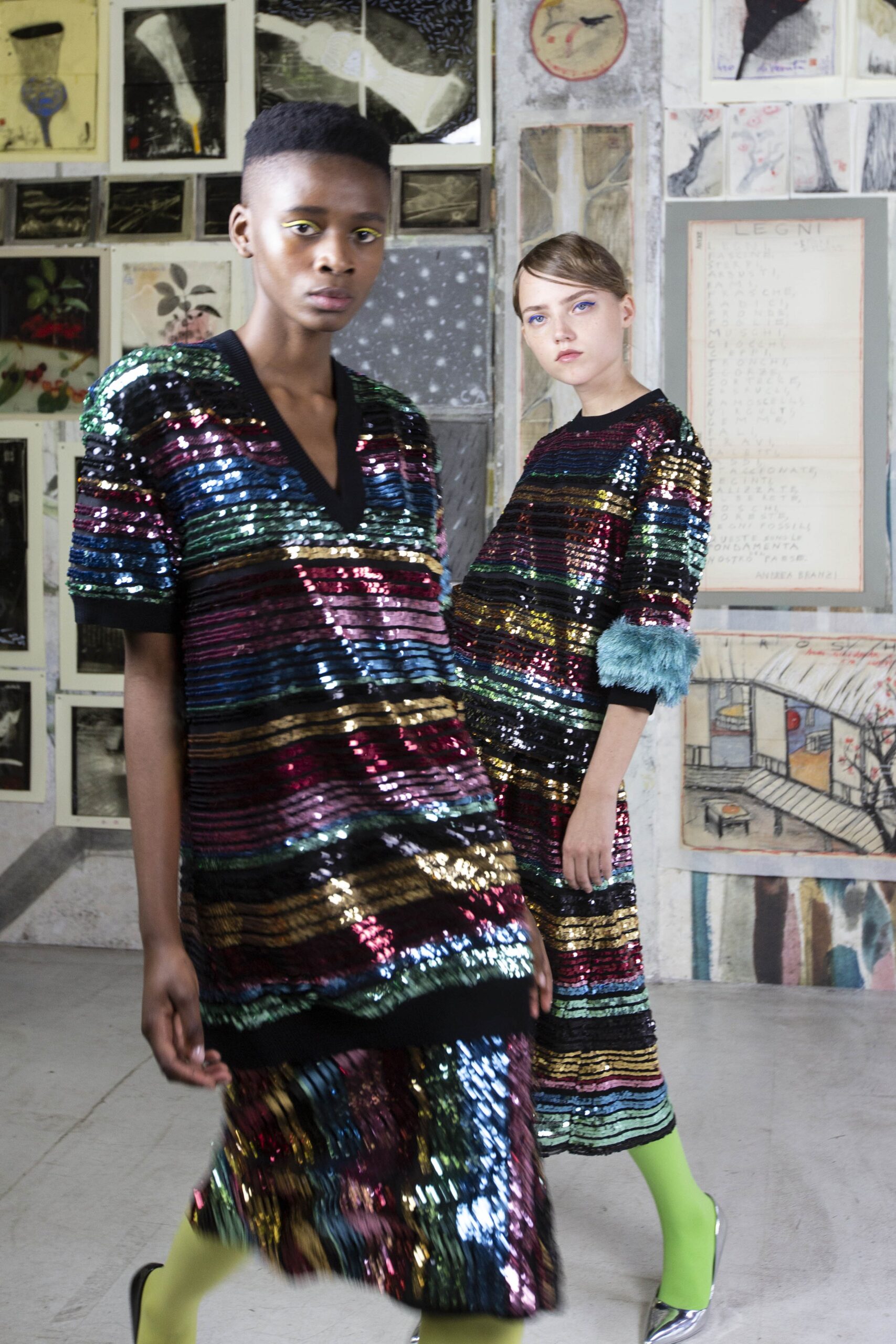 multi sequin short-sleeve v-neck relaxed layered shiny dress