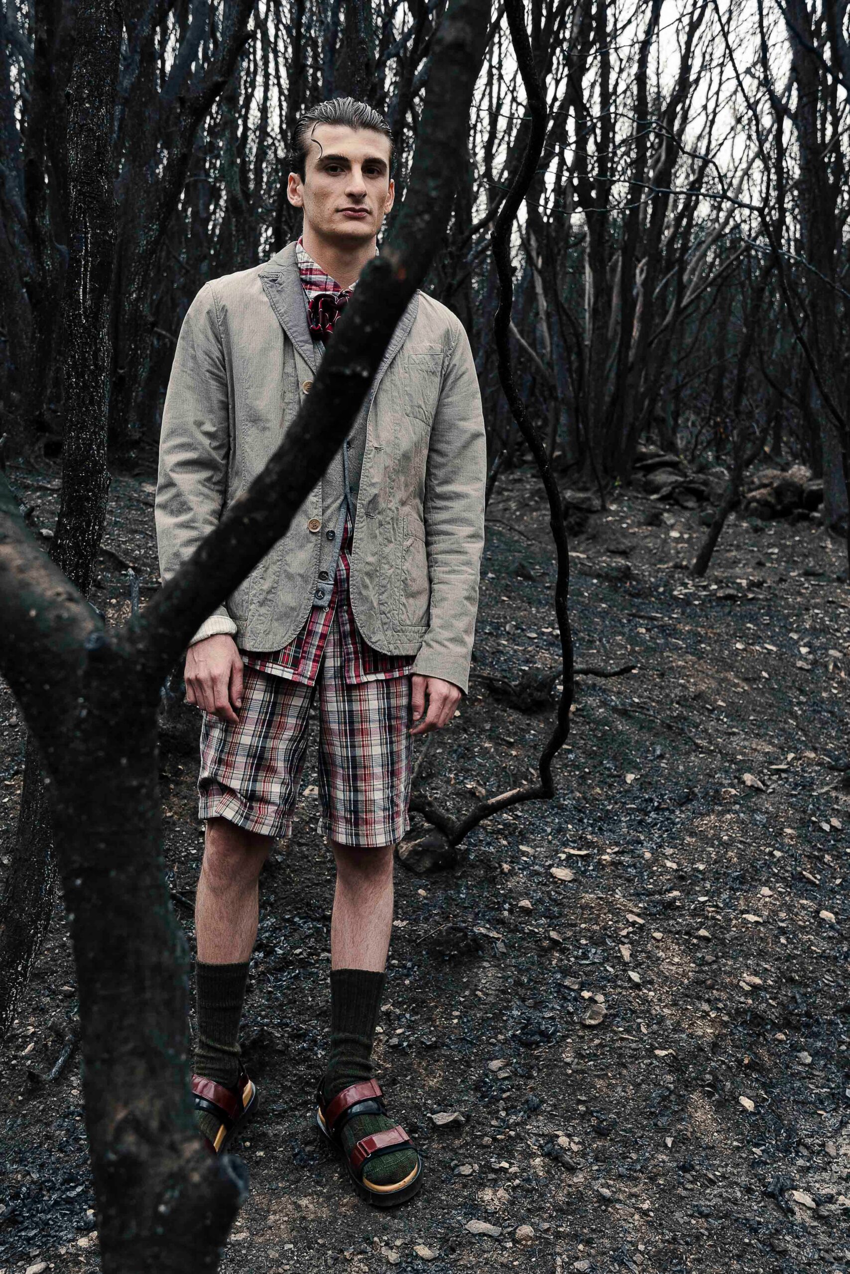 beige relaxed jacket with plaid shorts