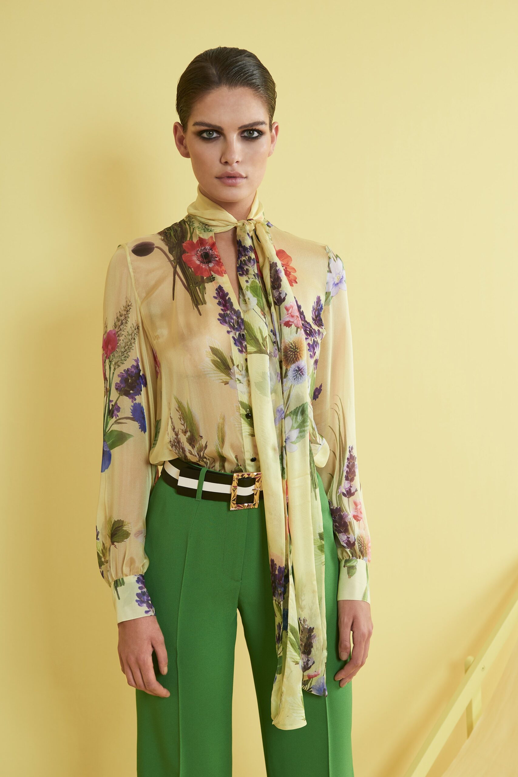 yellow silk long-sleeve collared fitted floral ruffled blouse