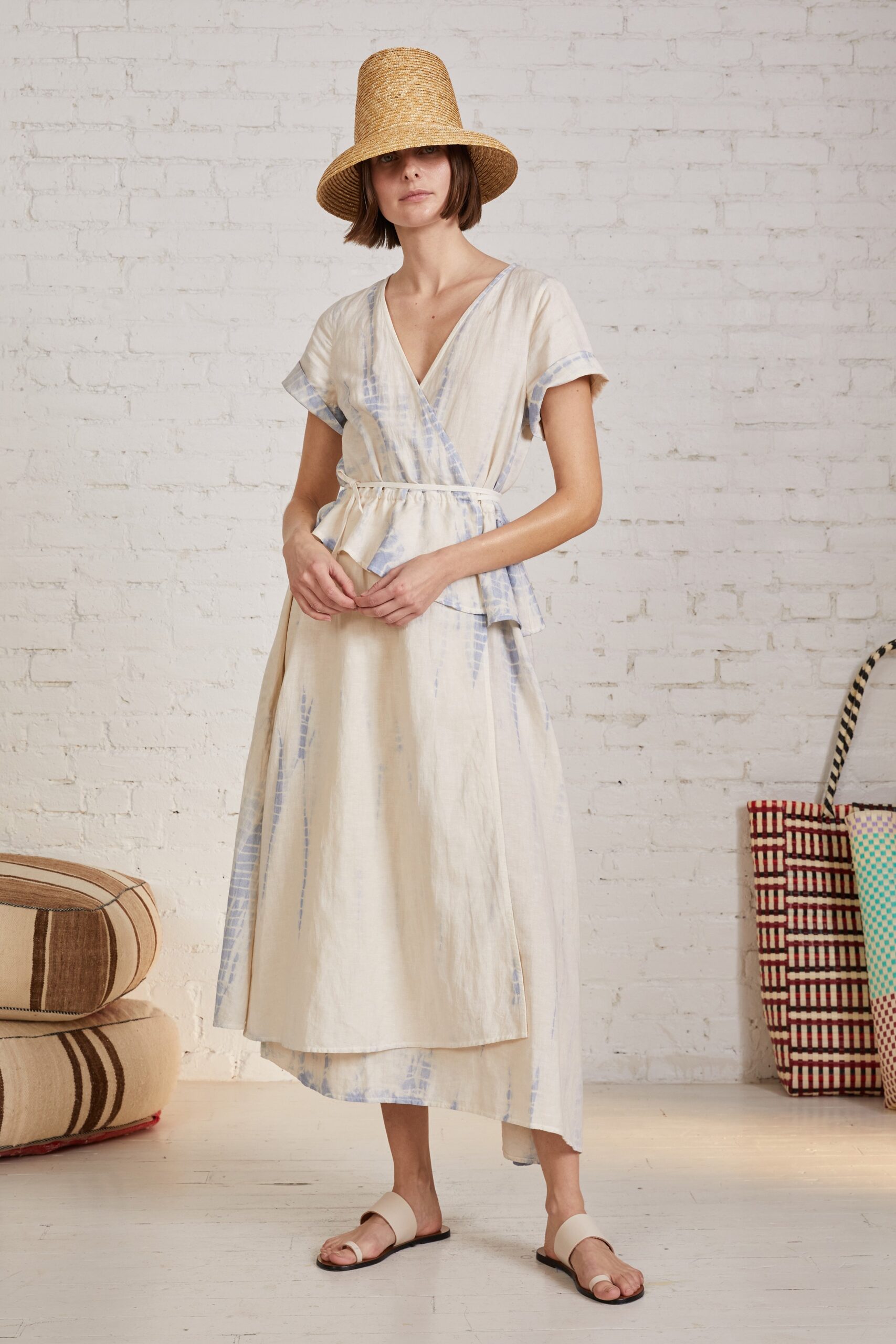 beige cotton relaxed wrap dress