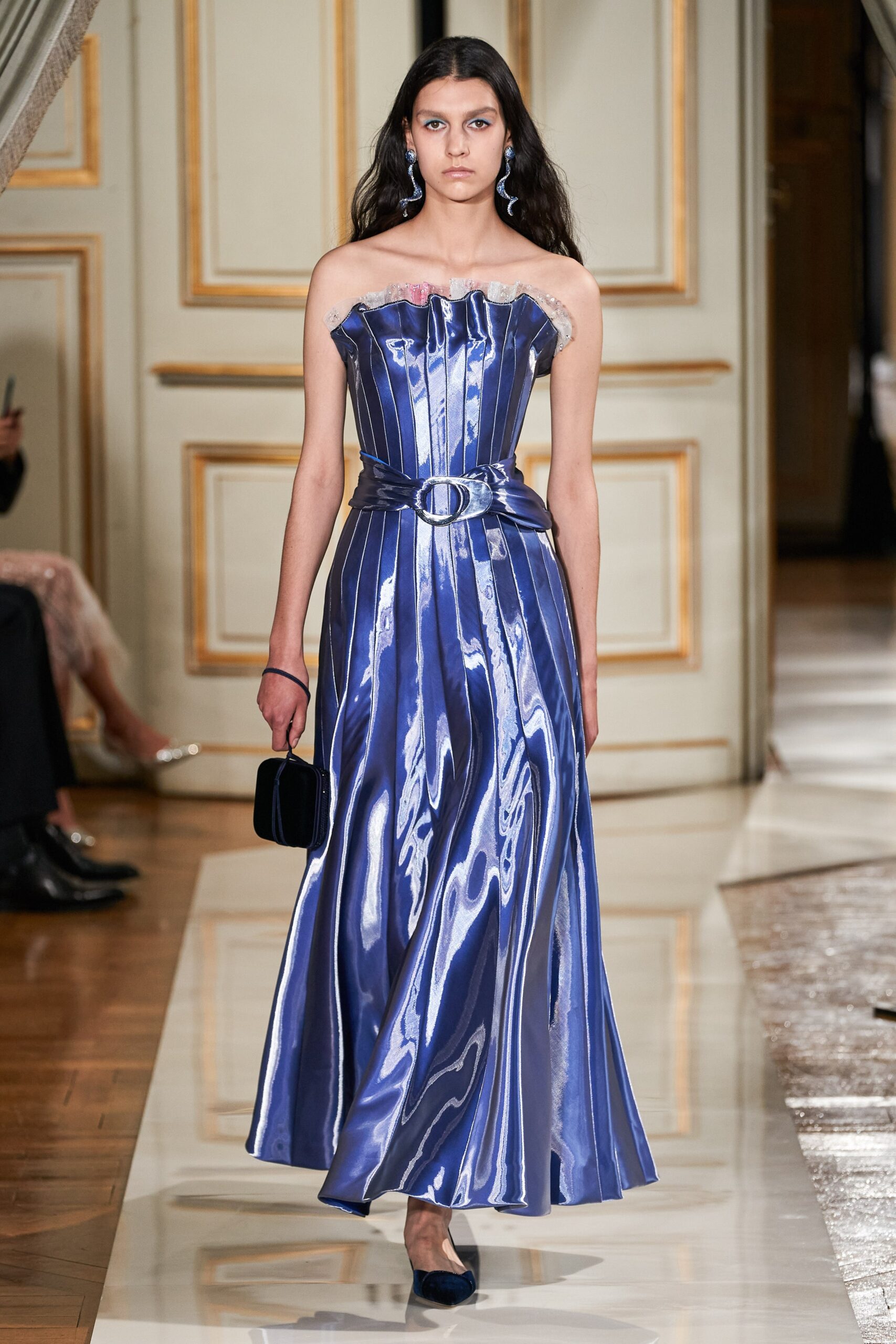 blue silk strapless gown