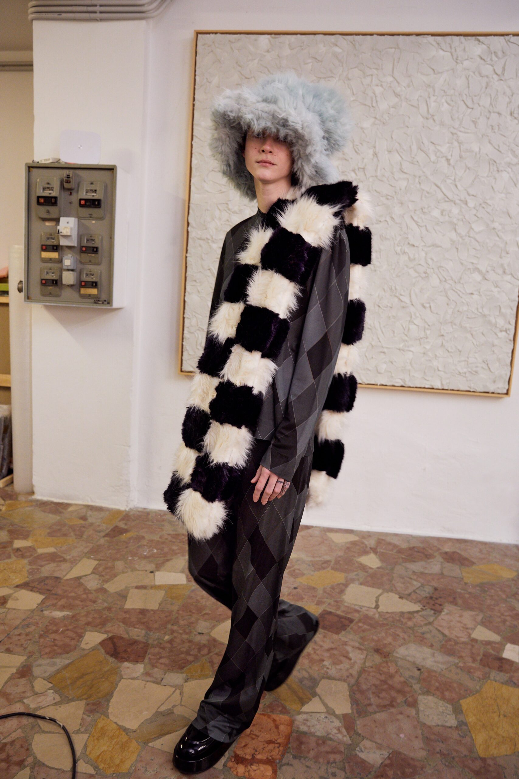 relaxed black faux-fur jacket