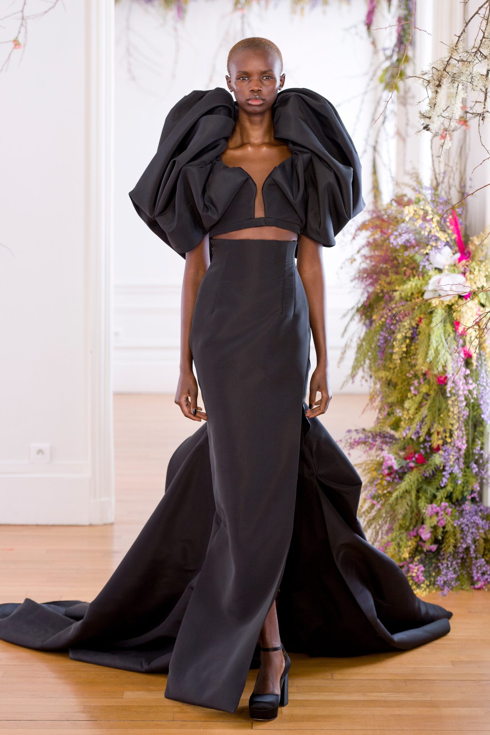 black silk sleeveless v-neck fitted flared maxi dress