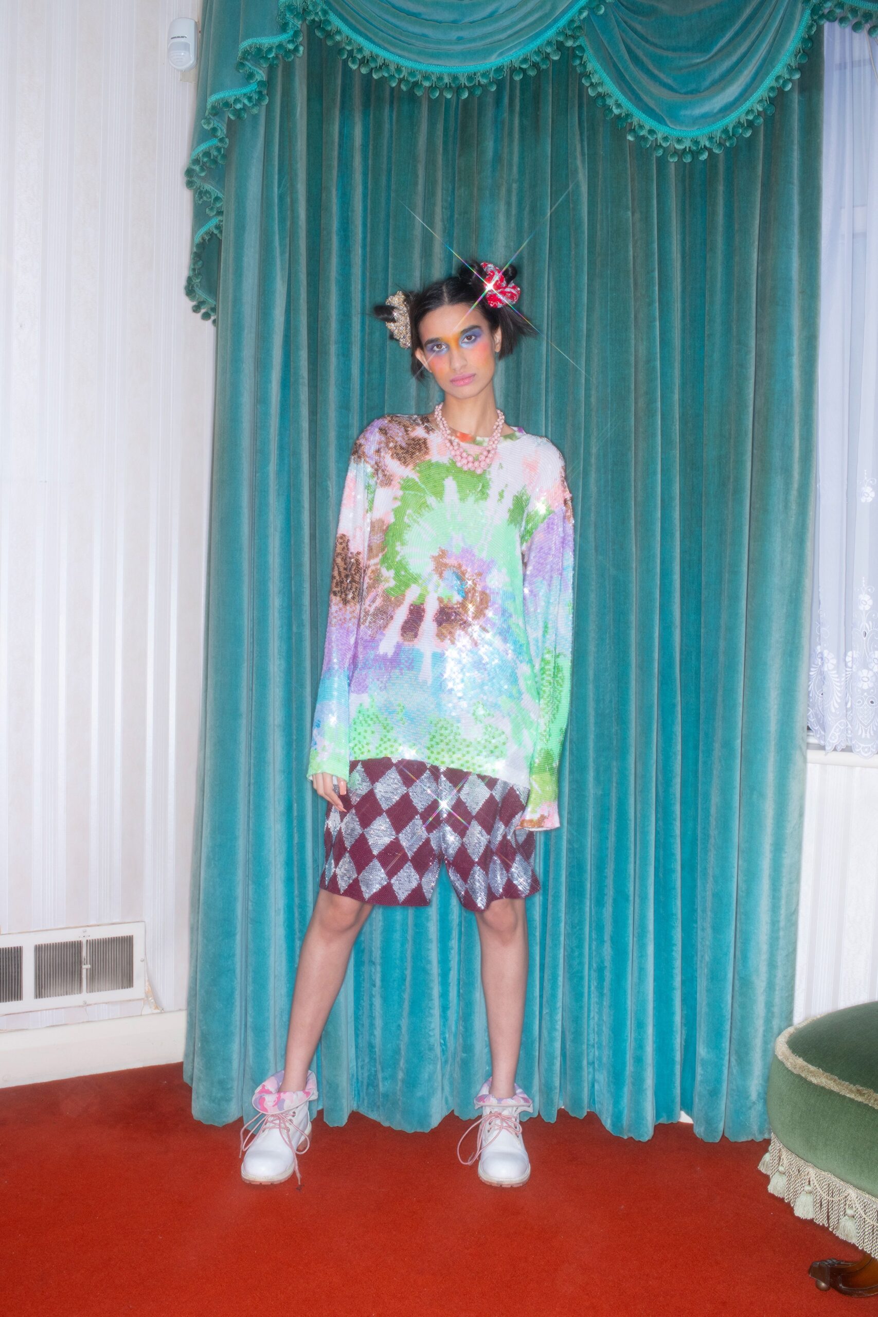 multi sequin long-sleeve collared relaxed layered shiny sweater