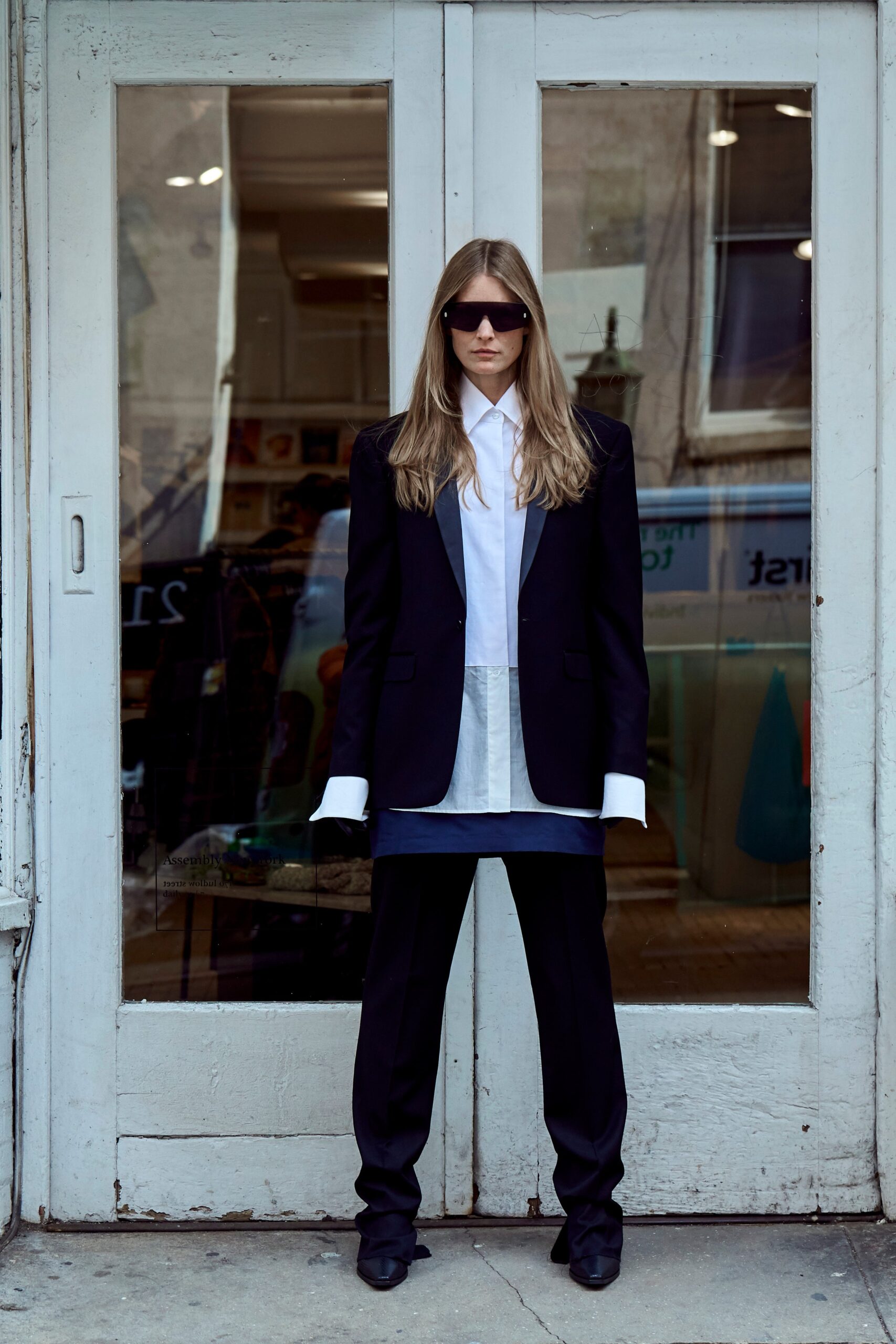 black tailored blazer with white shirt