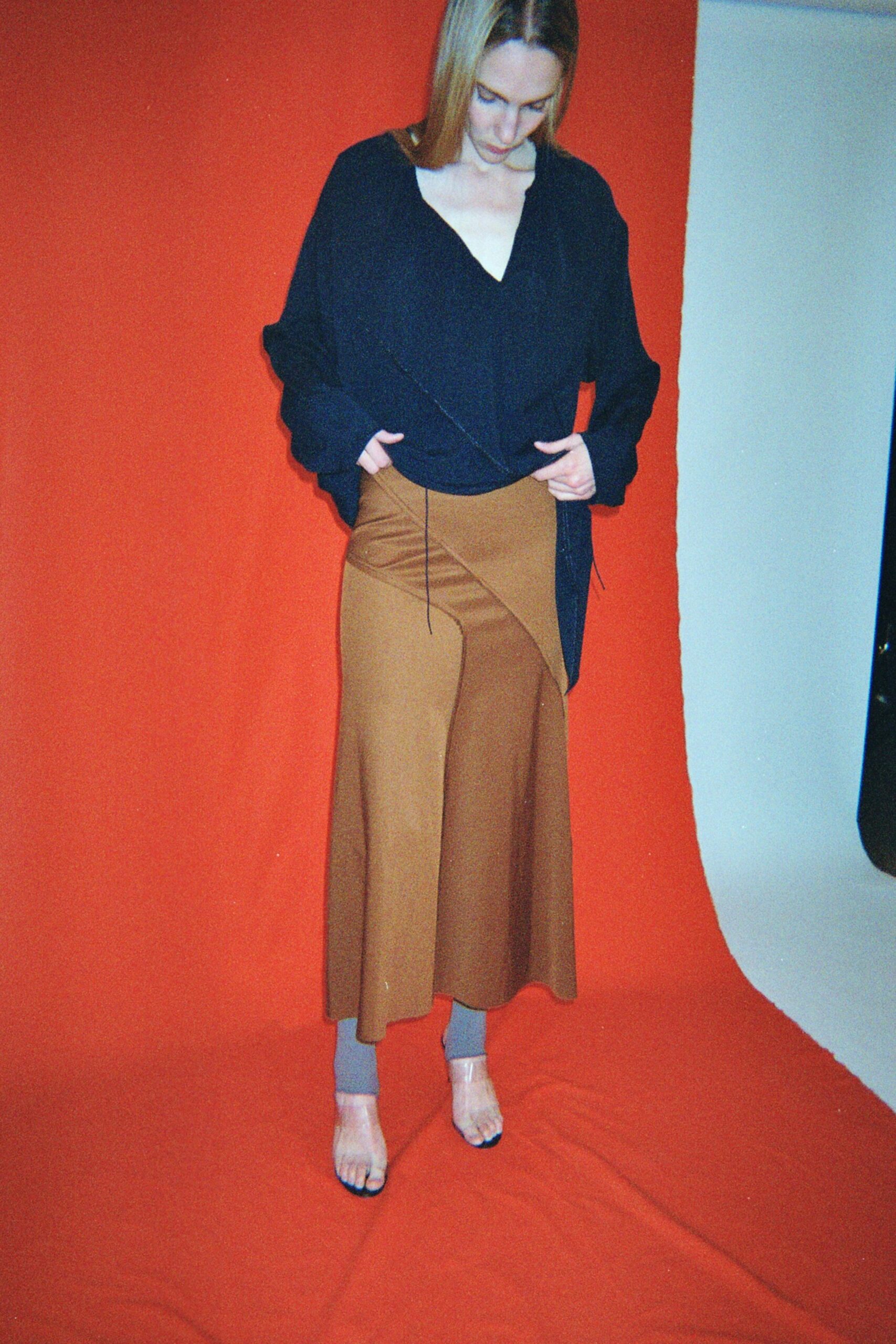 brown cotton asymmetric fitted flared skirt