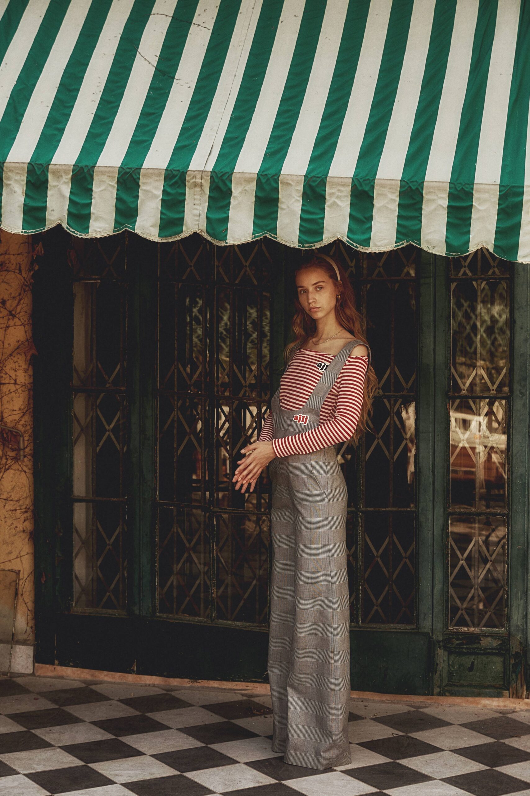 fitted striped top with wide-leg pants