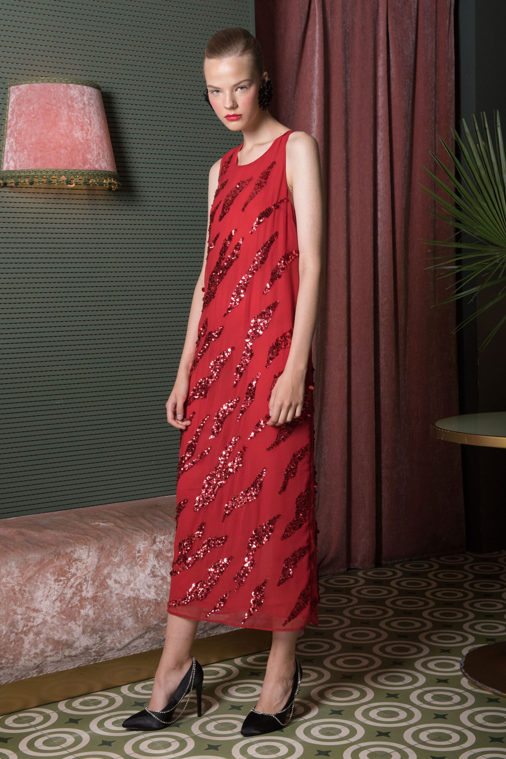 red silk sleeveless dress