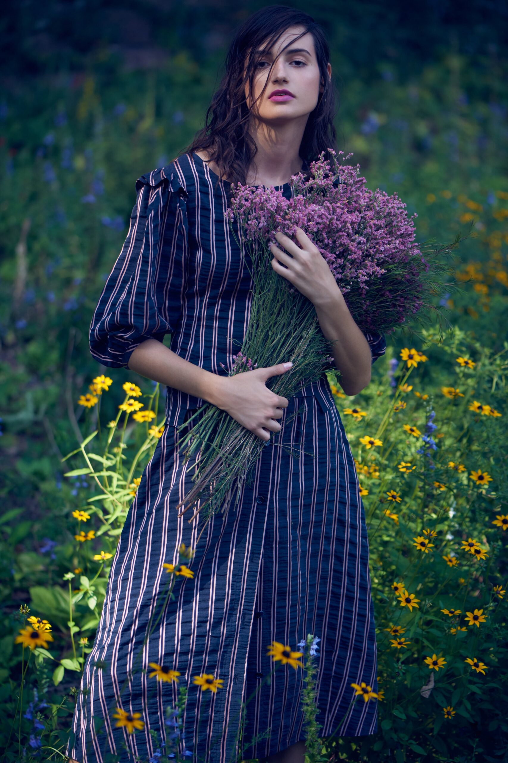 blue and white striped midi dress