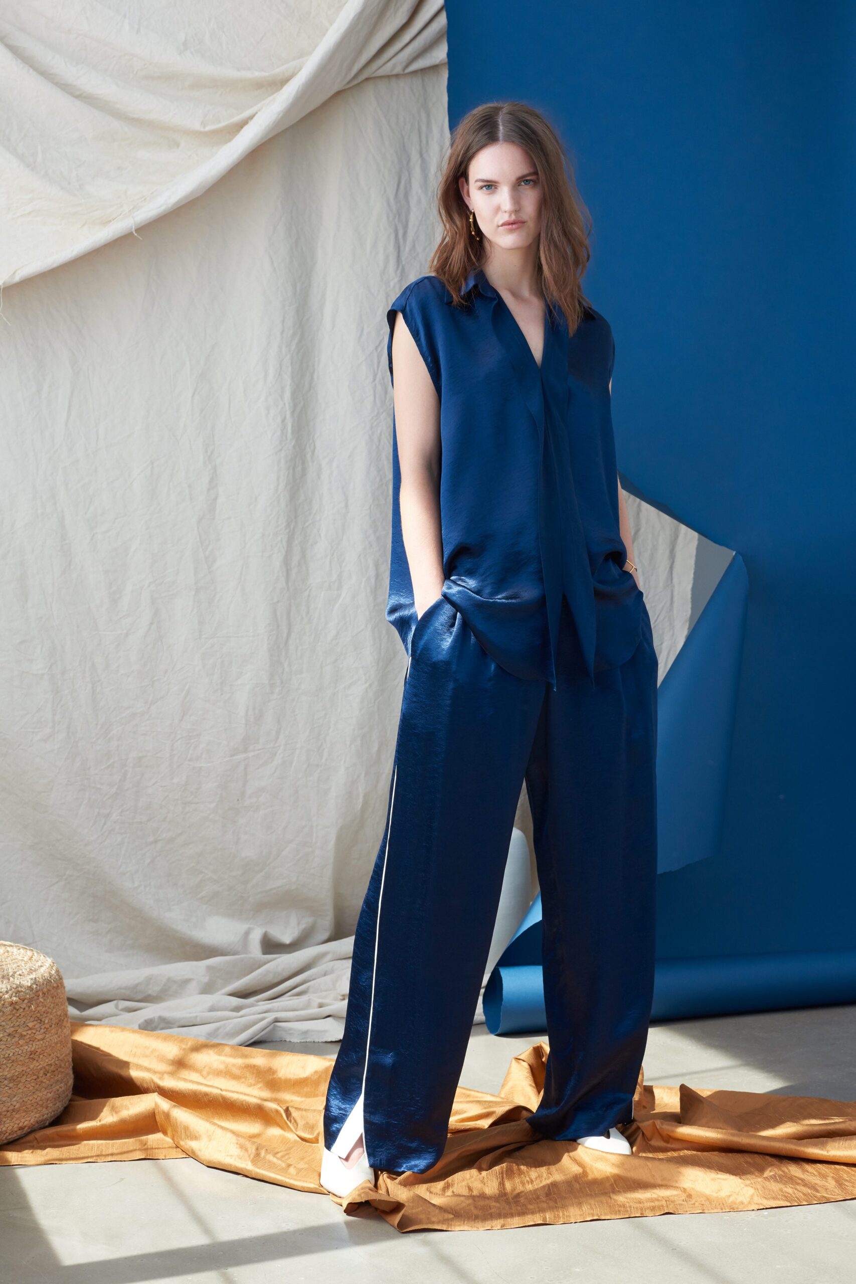 blue silk relaxed top and pants