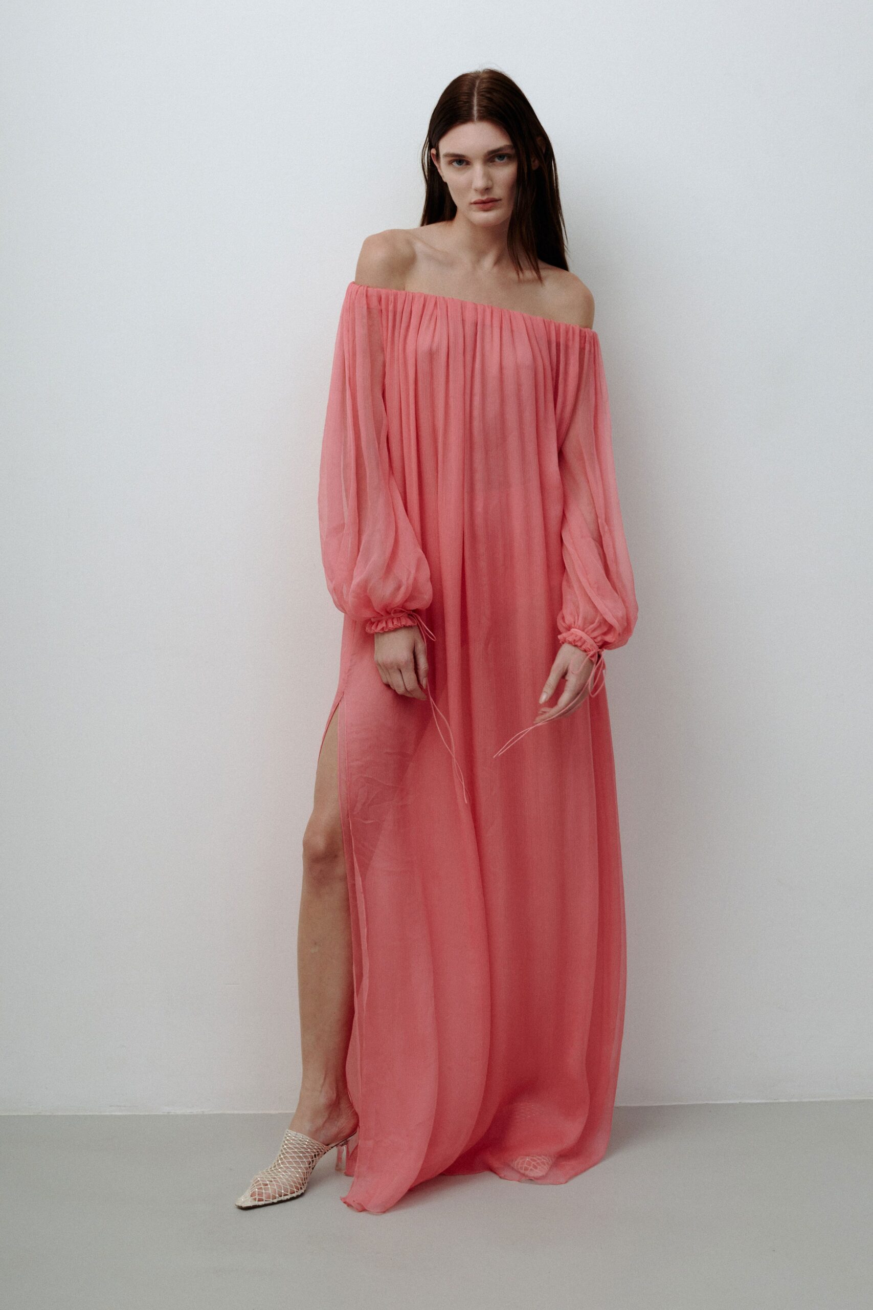 pink off-shoulder maxi dress